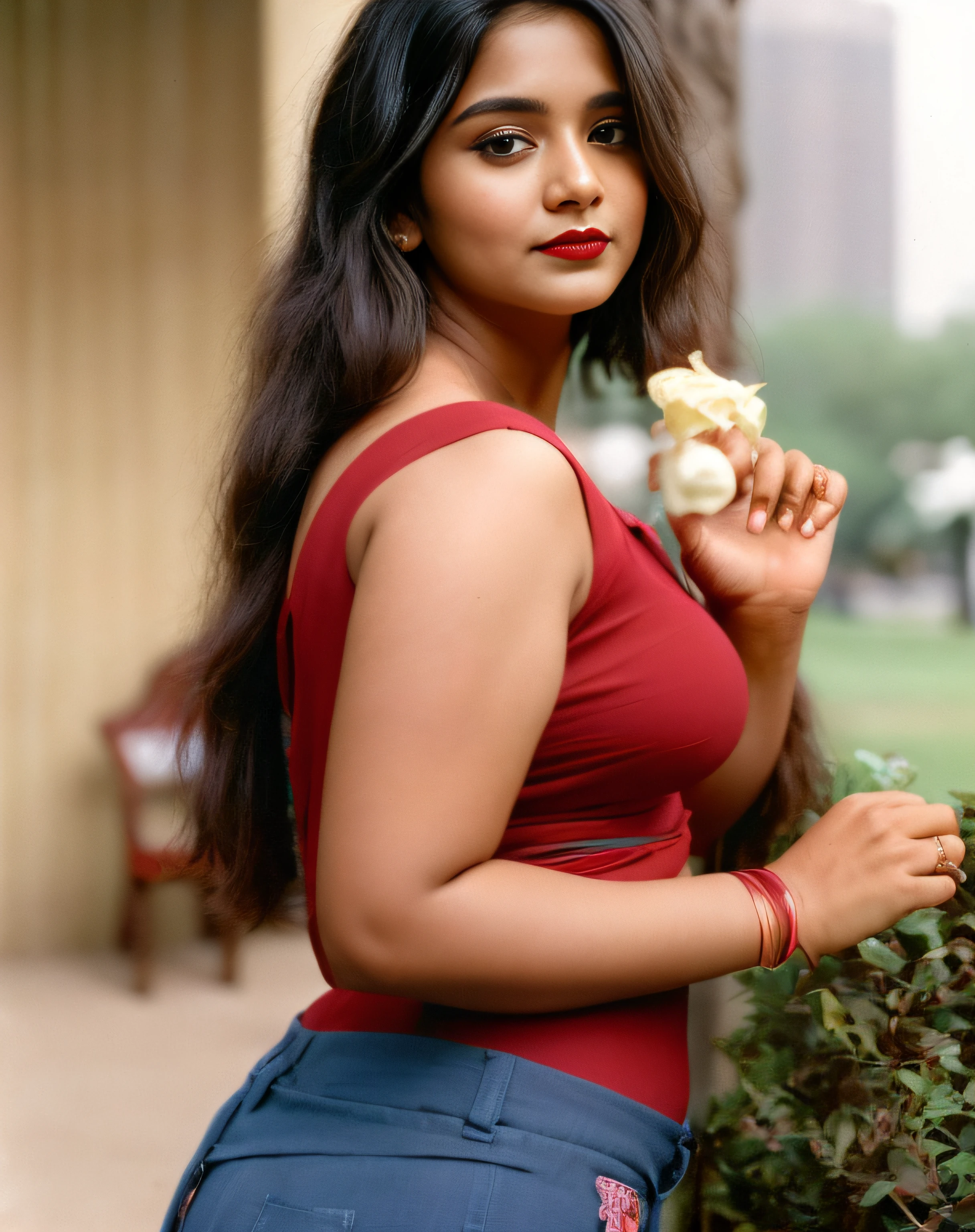 (editorial photograph of a young Indian woman with big boobs red lips)、karla ortiz, (highly detailed face:1.4) (smile:0.7) (backround park , moody, private study:1.3) POV, by lee jeffries, nikon d850, film stock photograph ,4 kodak portra 400 ,camera f1.6 lens ,rich colors ,hyper realistic ,lifelike texture, dramatic lighting , cinestill 800, realistic, wearing Black dobby weave self design fit & flare dress Sweetheart neck Short, puff sleeve Tie-up detail on back Above knee length in flounce hem Attached Lining Chiffon fabric, actress, karla ortiz, posing!!, candid picture, by Max Dauthendey,
