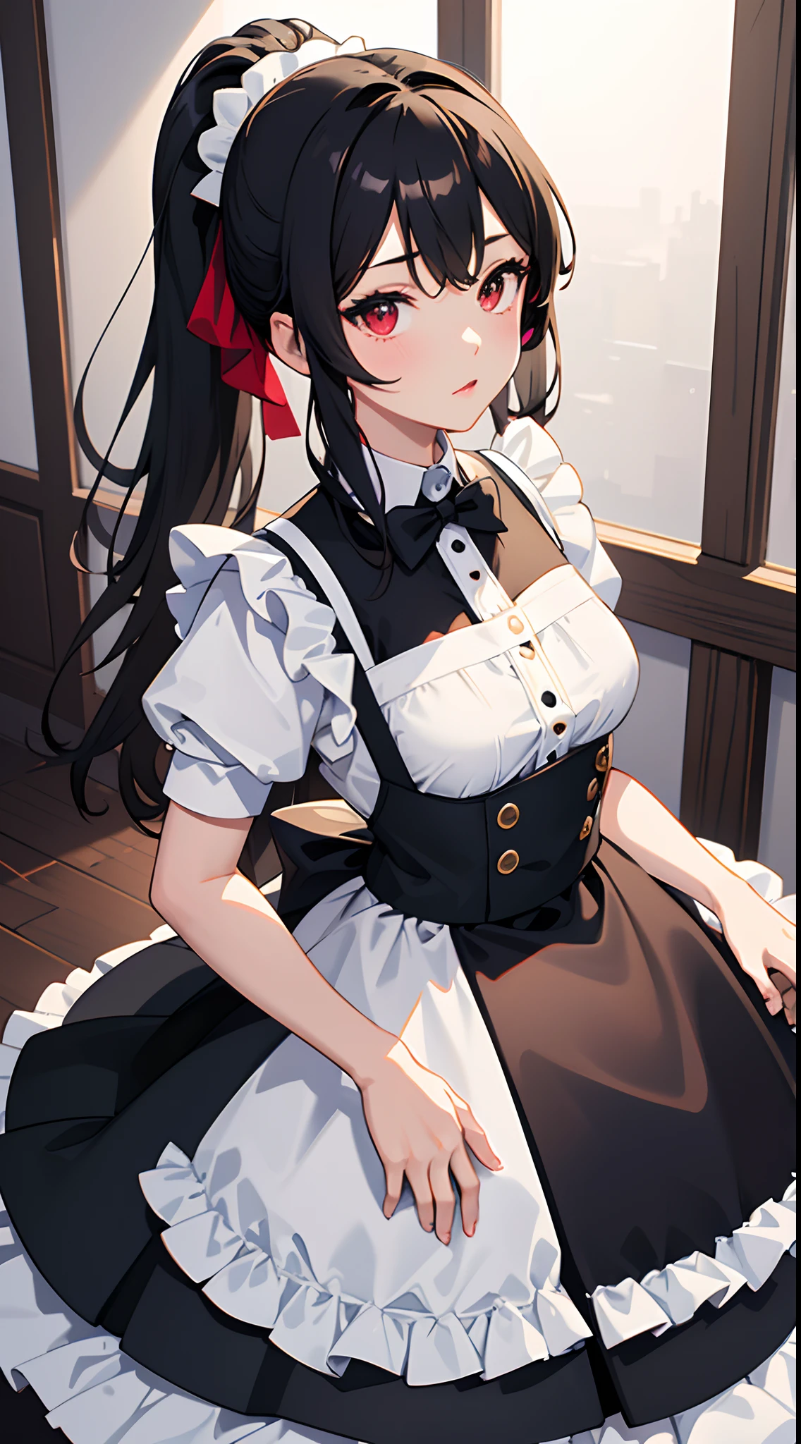 Twin tails Brown Hair
Black knee-high socks Panty shot ta Face White panties Maid clothes Upper body naked