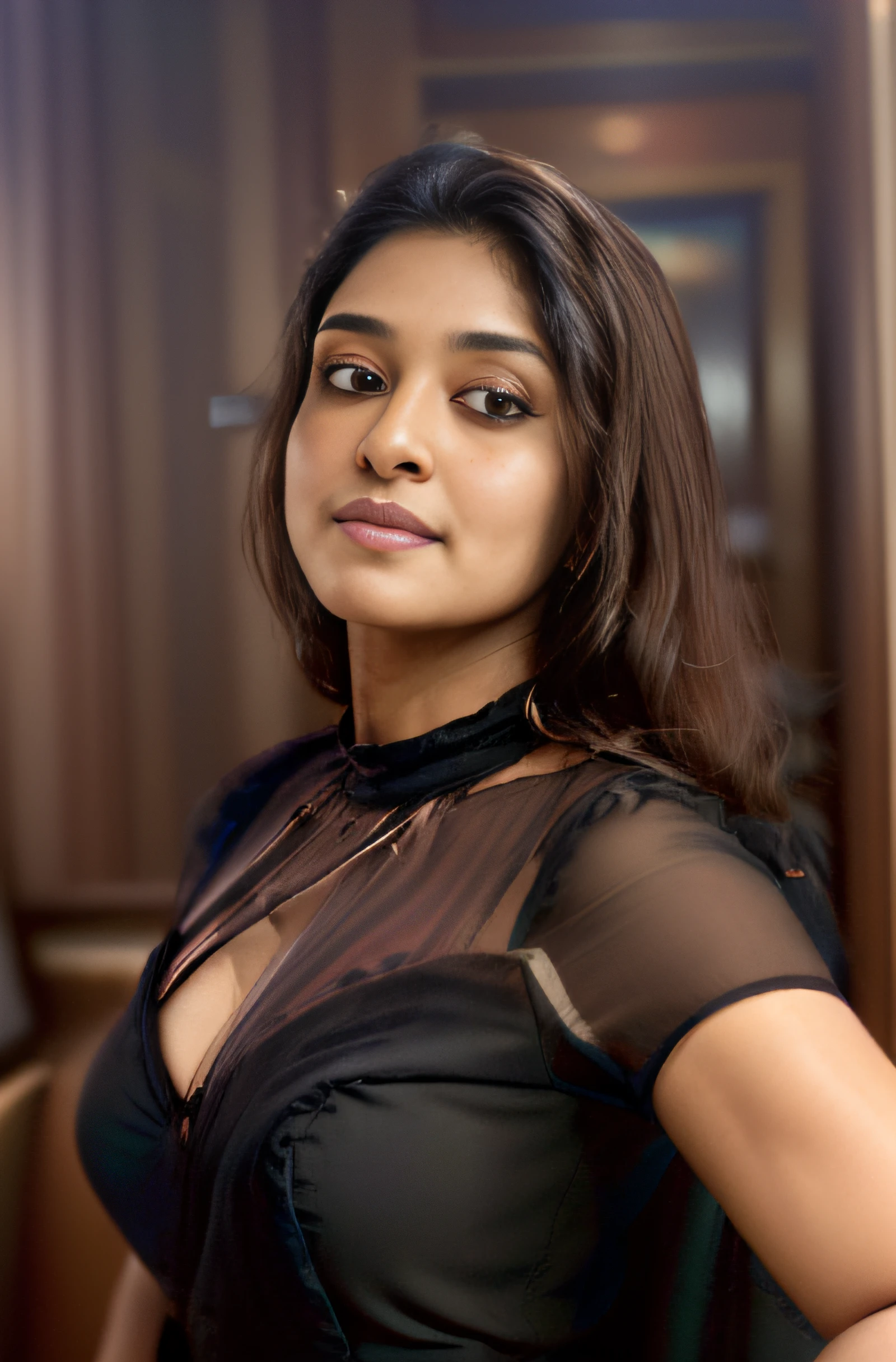 (editorial photograph of a young Indian woman), karla ortiz, (highly detailed face:1.4) (smile:0.7) (backround 5 star hotel , moody, private study:1.3) POV, by lee jeffries, nikon d850, film stock photograph ,4 kodak portra 400 ,camera f1.6 lens ,rich colors ,hyper realistic ,lifelike texture, dramatic lighting , cinestill 800, realistic, wearing black dobby weave self design fit & flare dress Sweetheart neck Short, puff sleeve Tie-up detail on back Above knee length in flounce hem Attached Lining Chiffon fabric, actress, karla ortiz, posing!!, candid picture, by Max Dauthendey