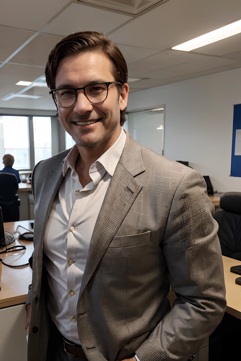 50-year-old man, dressed in a suit, with very low cut hair, with rounded glasses, no beard, smiling, inside an office.