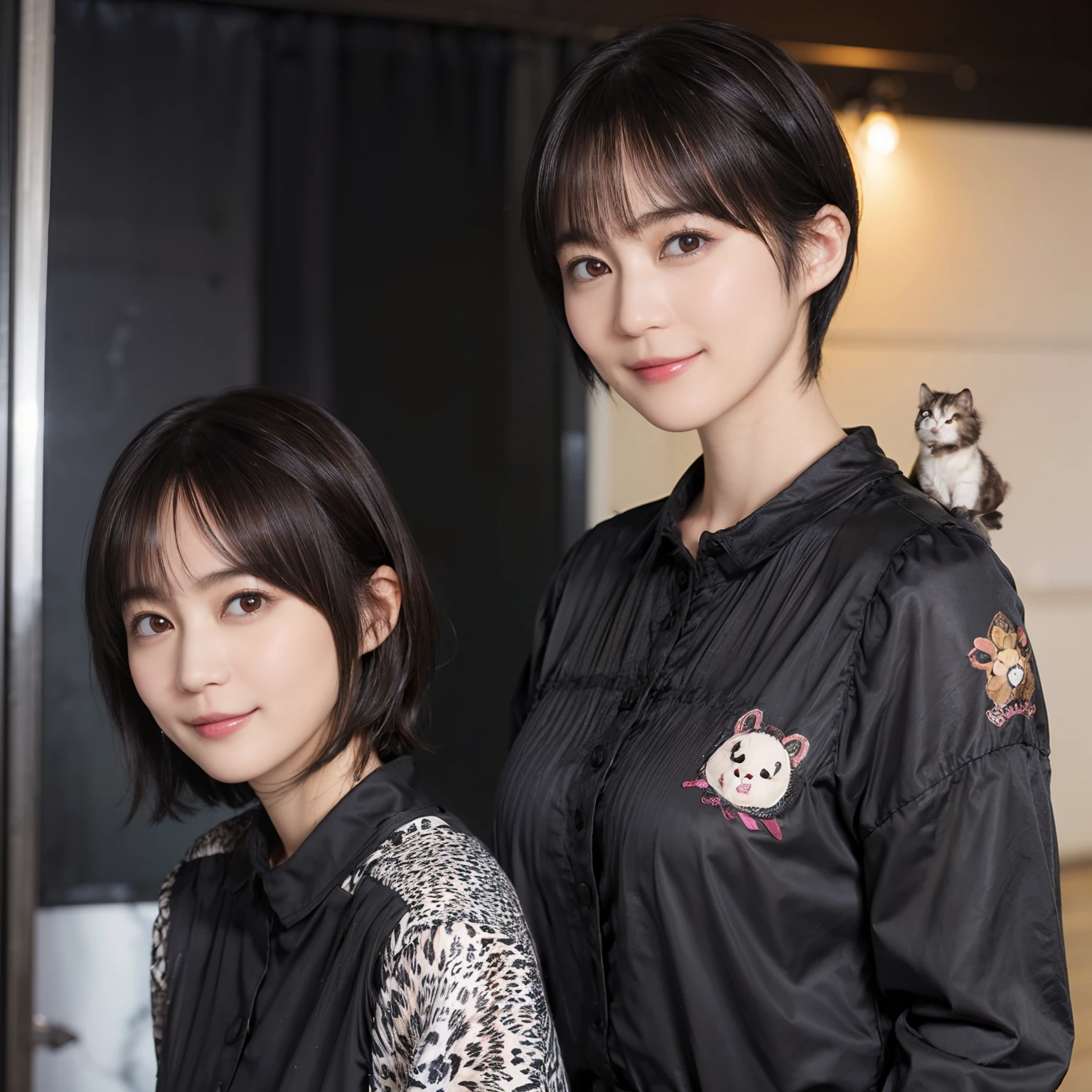 59
(a 20 yo woman,is standing), (A hyper-realistic), (masutepiece), ((A dark-haired、short-hair:1.3)), (Breast), kindly smile, (Clothing printed with animal characters)