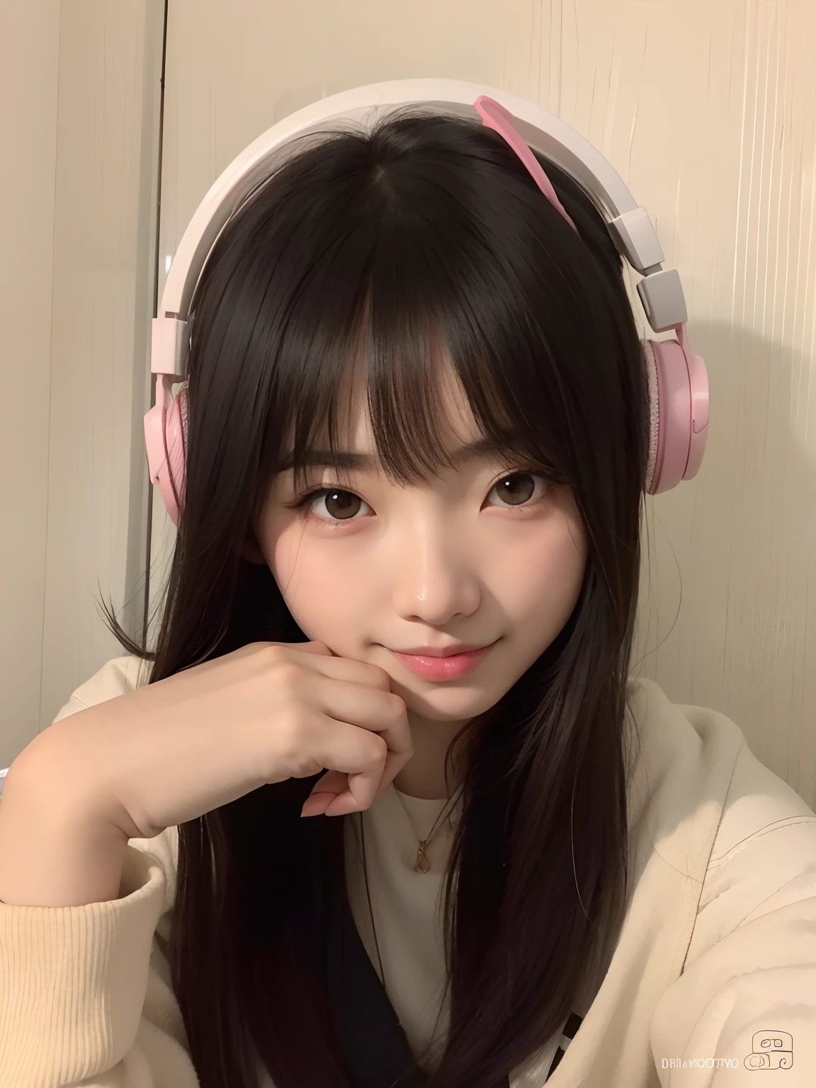 Arafed Asian girl with headphones sitting in front of a white wall, Chiho, Jaeyeon Nam, Ulzzang, fofo, Jinyoung Canela, Shikami, Xintong Chen, com fones de ouvido, foto de perfil headshot, wan adorable korean face, com fones de ouvido, Shiori Teshirogi, com bonito - fino - rosto