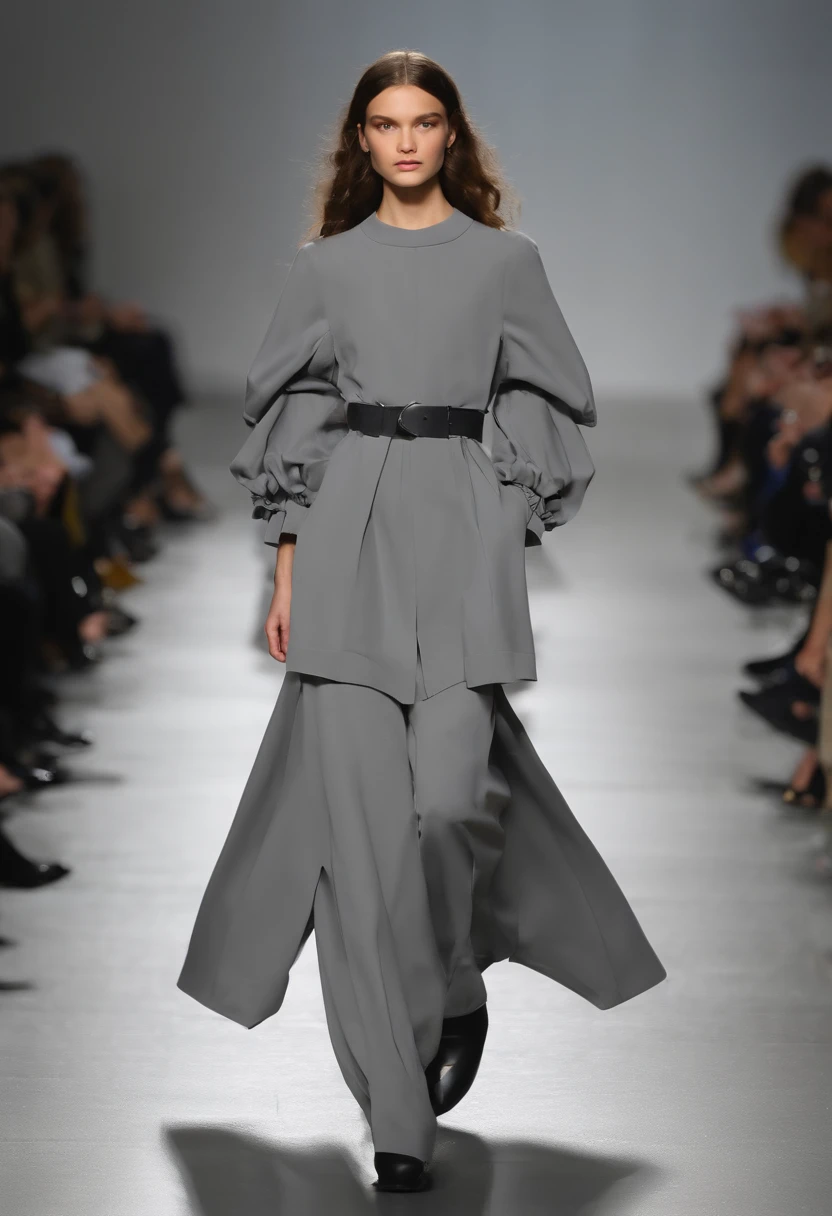 Runway girls,Structure split women's clothing, effect,k hd, gray clothes，Loose bloomer pants，puff sleeves，Ambient，Autumn dress，Childlike style