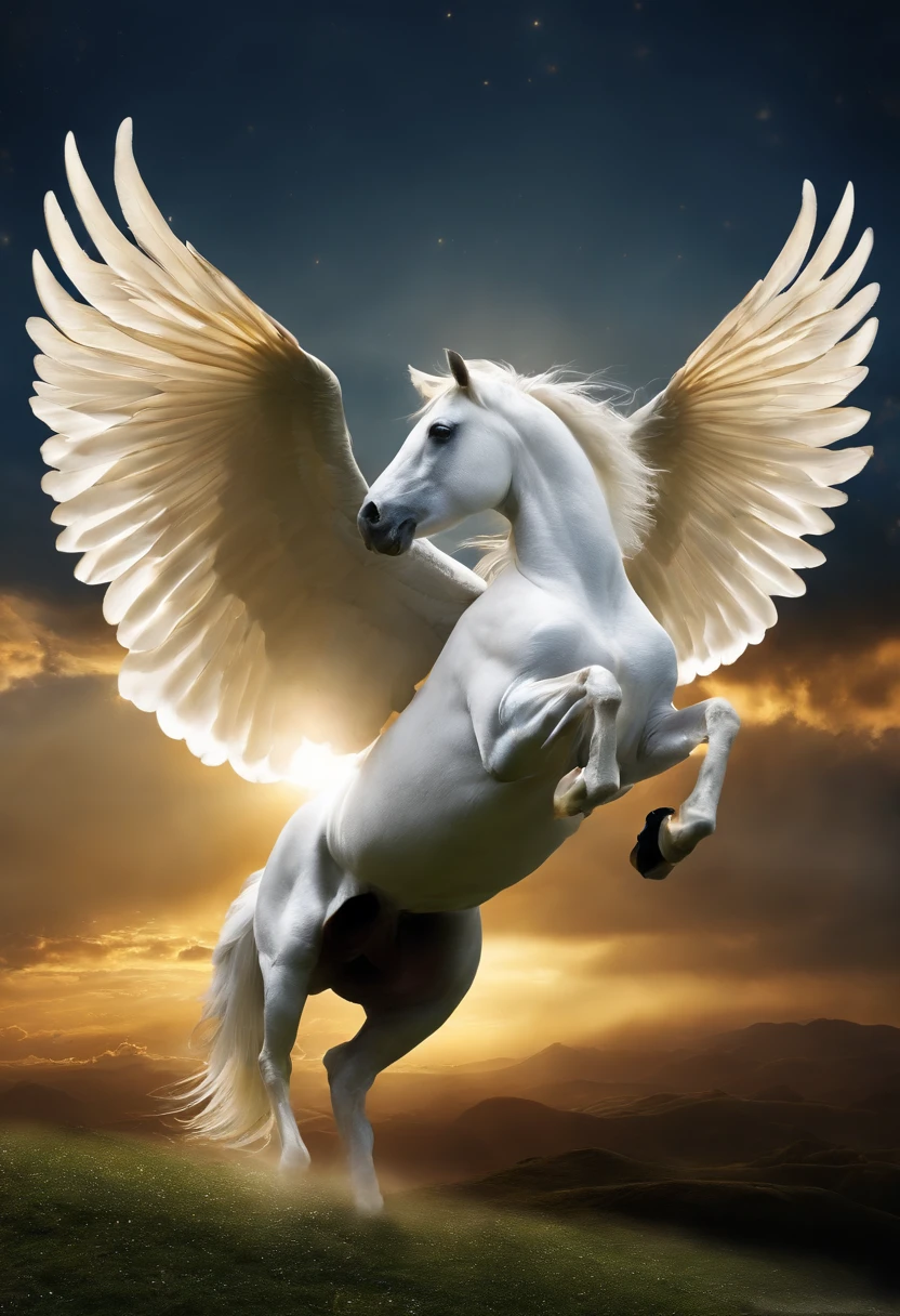 Pegasus alados preto, asas brancas, with white spot on the head, olhos claros brilhantes, flying in sky, cores muito brilhantes, light particles, com luz brilhante, Mshiv, Arte do papel de parede, Papel de parede UHD imagem hd