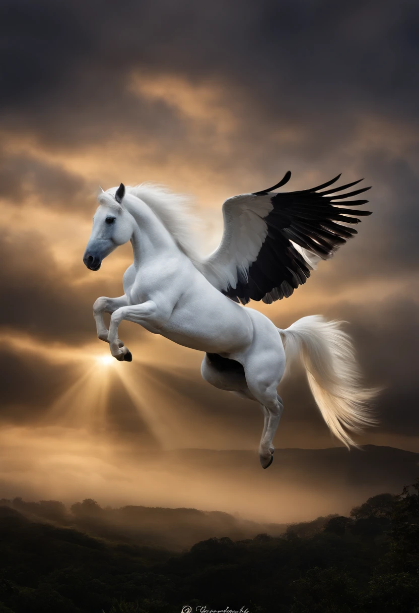 Pegasus alados preto, asas brancas, with white spot on the head, olhos claros brilhantes, flying in sky, cores muito brilhantes, light particles, com luz brilhante, Mshiv, Arte do papel de parede, Papel de parede UHD imagem hd