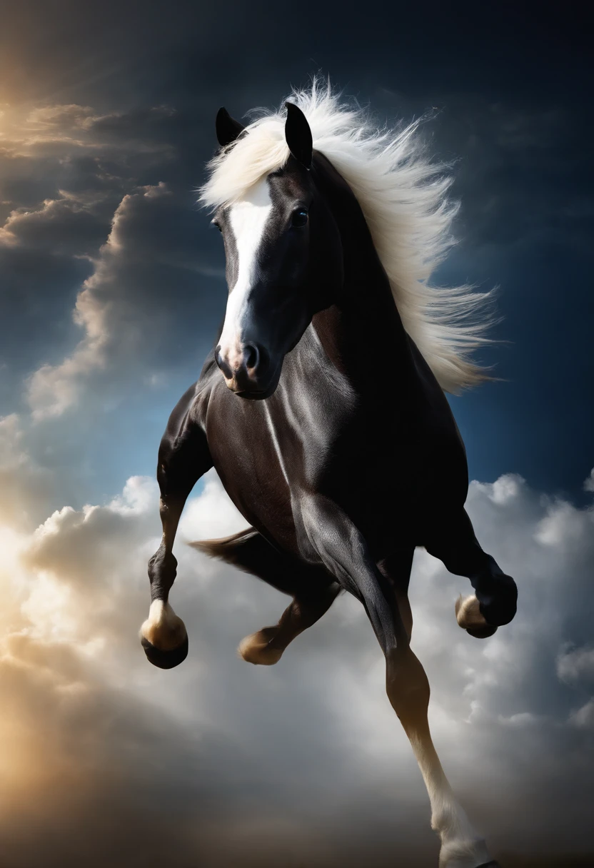 Pegasus alados preto, asas brancas, with white spot on the head, olhos claros brilhantes, flying in sky, cores muito brilhantes, light particles, com luz brilhante, Mshiv, Arte do papel de parede, Papel de parede UHD imagem hd