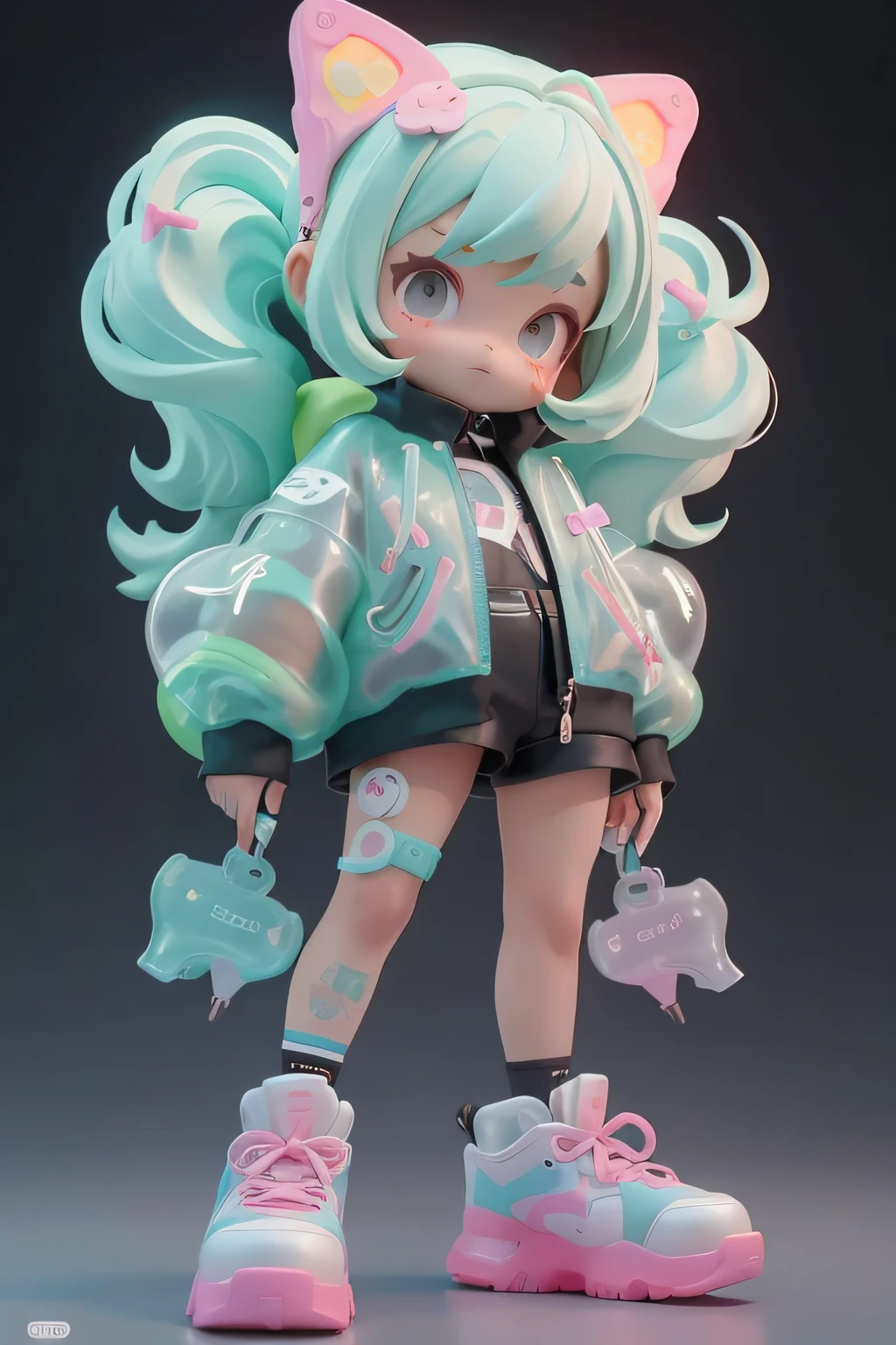 Cute  wrapped in clear plastic, tchibi, Fluorescent translucent sports fashion trend clothing, wearing nike shoes, Candy color, simple bright background, 3D toys, Cyberpunk Style, cinema4d, rendering by octane, 3D model, Collectible toys,nendoroid,Street style,by Pixar,Big shoes , Fashion trends, Close-up, Full body --AR 3:4 --q 2 50 --niji 5 --niji 5 --s 100 --stylistic expression --s 2