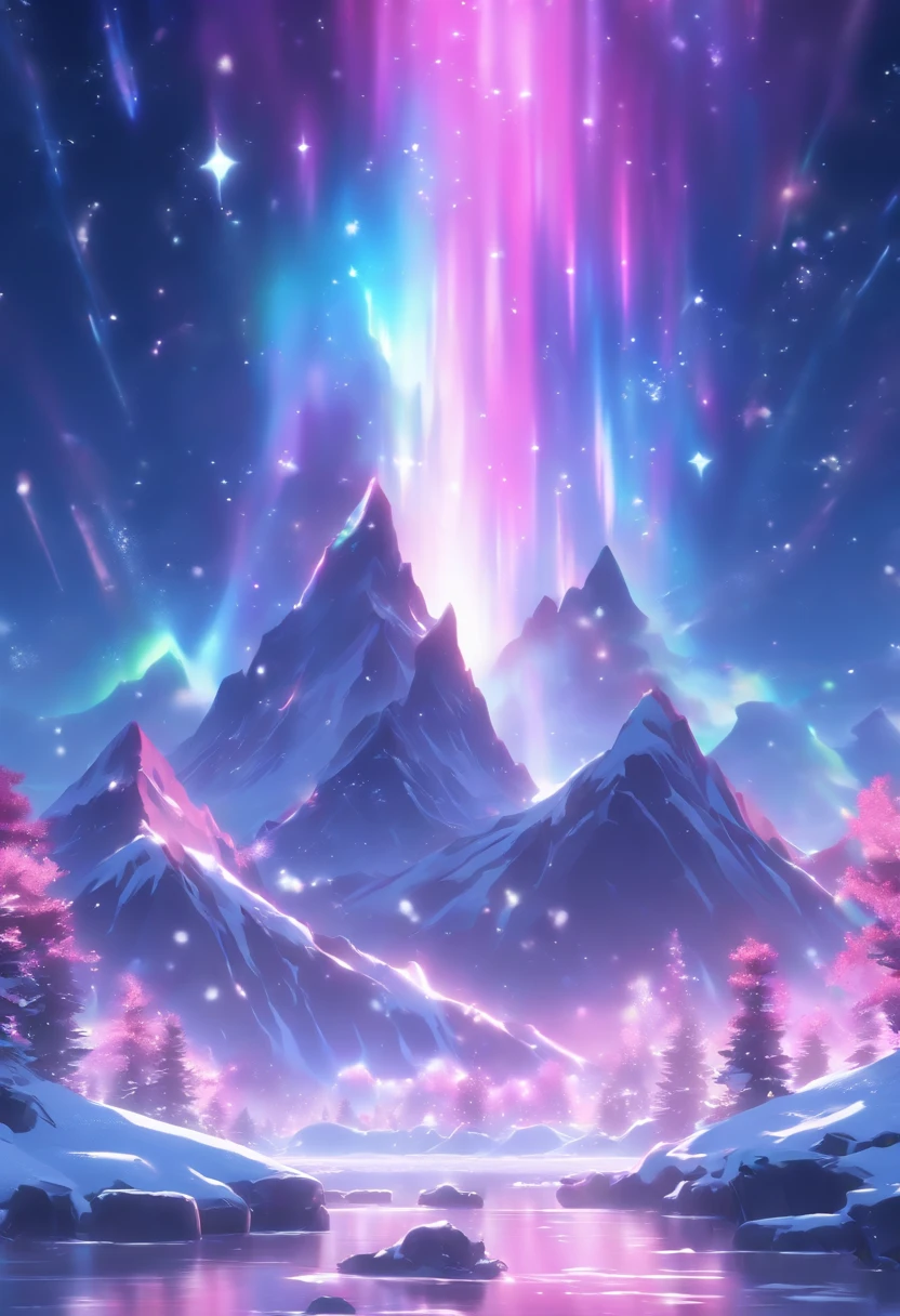Pink aurora in white snow, snow mountain,river,snowstorm,colorful stars twinkling, Unreal Engine, 8K HD, HD. --ar 9:16
