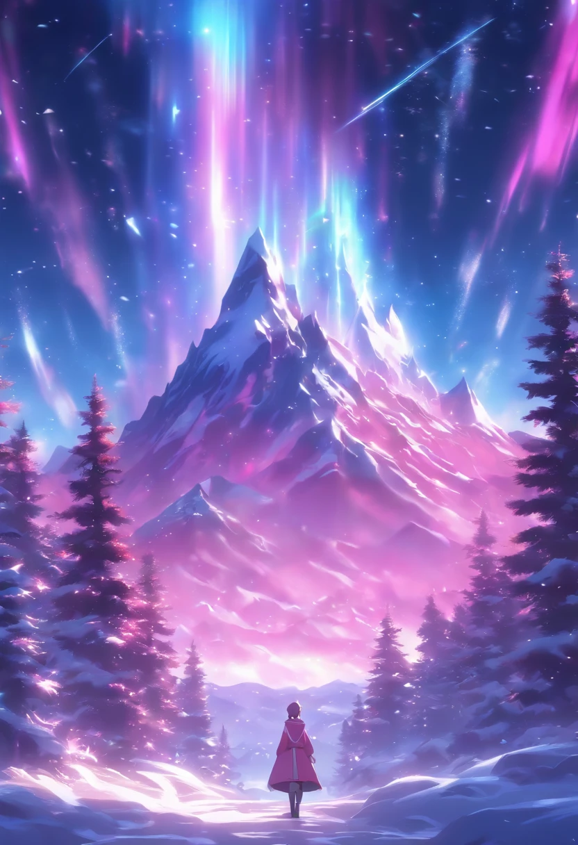 Pink aurora in white snow, snow mountain,river,snowstorm,colorful stars twinkling, Unreal Engine, 8K HD, HD. --ar 9:16