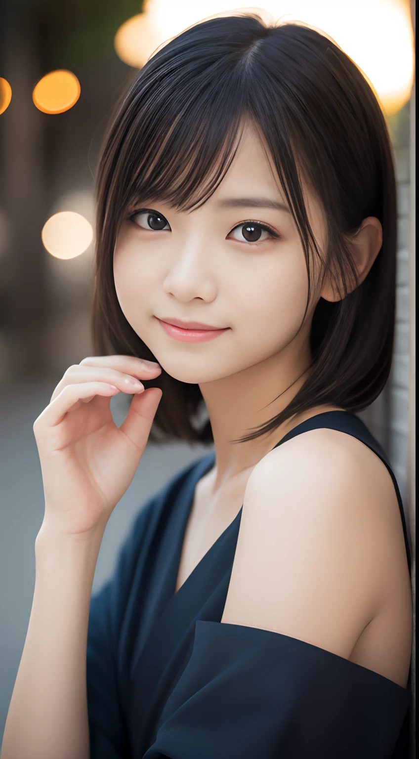 masutepiece, Best Quality, 8K, 8years old, Raw photo, absurderes, award winning portrait, Smile, Smile, Solo, Night, neons, Idol face, violaceaess, gardeniass, Delicate girl, Upper body, Digital SLR, Looking at Viewer, Candid, Sophisticated, zora々Right, Thin arms, Professional Lighting, Film grain, chromatic abberation, (Eyes and faces with detailed:1.0), (Bokeh:1.1) , Ninja kimono , Shoulder out