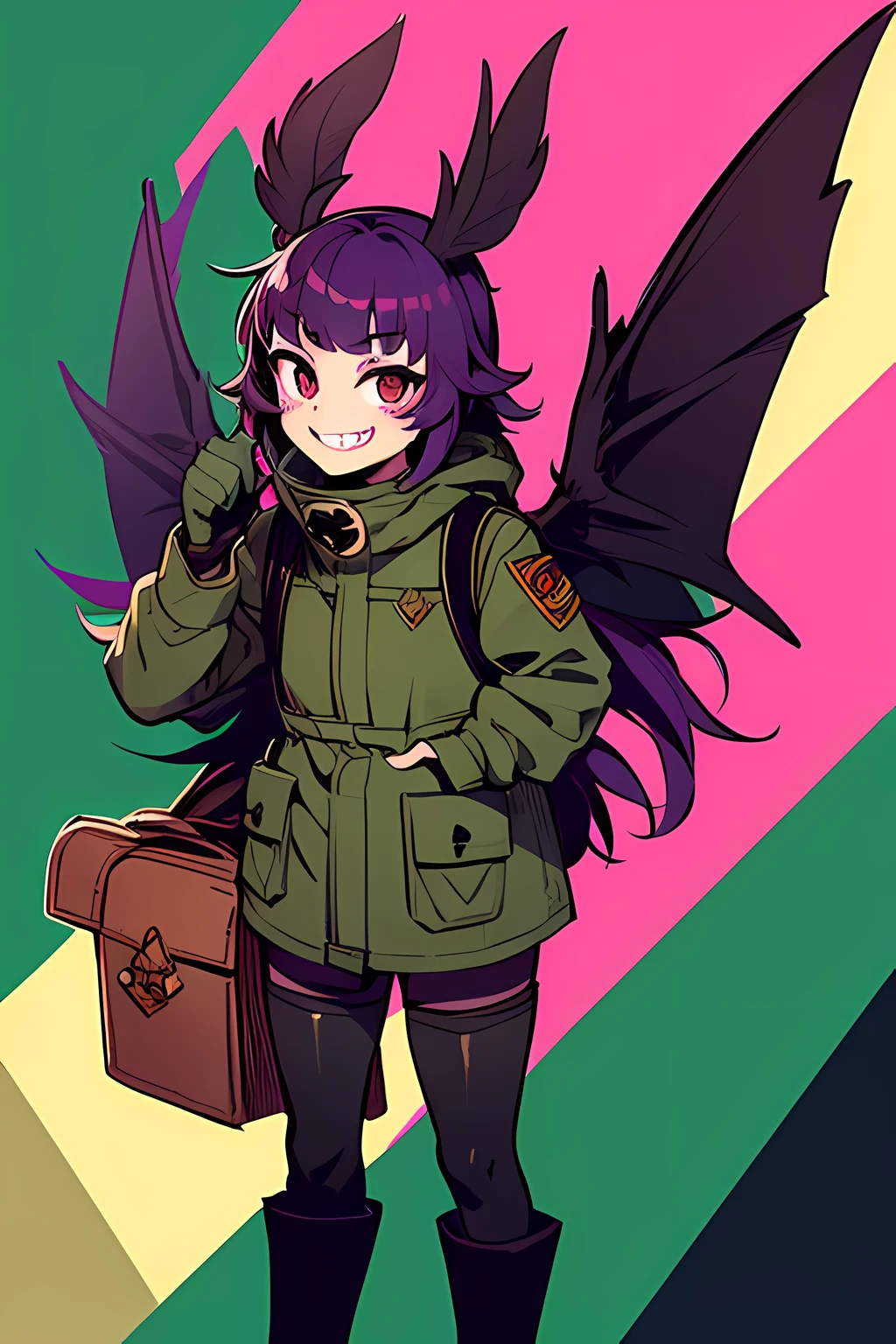 1girl, purple hair, grey ushanka, dark green down jacket, big black boots, sharp teeth, smug, big black backpack, small bat wings with piercings, wasteland