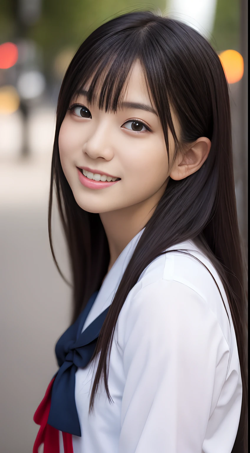 masutepiece, Best Quality, 8K, 5years old, Raw photo, absurderes, award winning portrait, Smile , Solo, Night, neons, Idol face, Delicate girl, Upper body, Digital SLR, Looking at Viewer, Candid, Sophisticated, Thin arms, Professional Lighting, Film grain, chromatic abberation, (Eyes and faces with detailed:1.0), (Bokeh:1.1) , closes mouth , Sailor Uniform