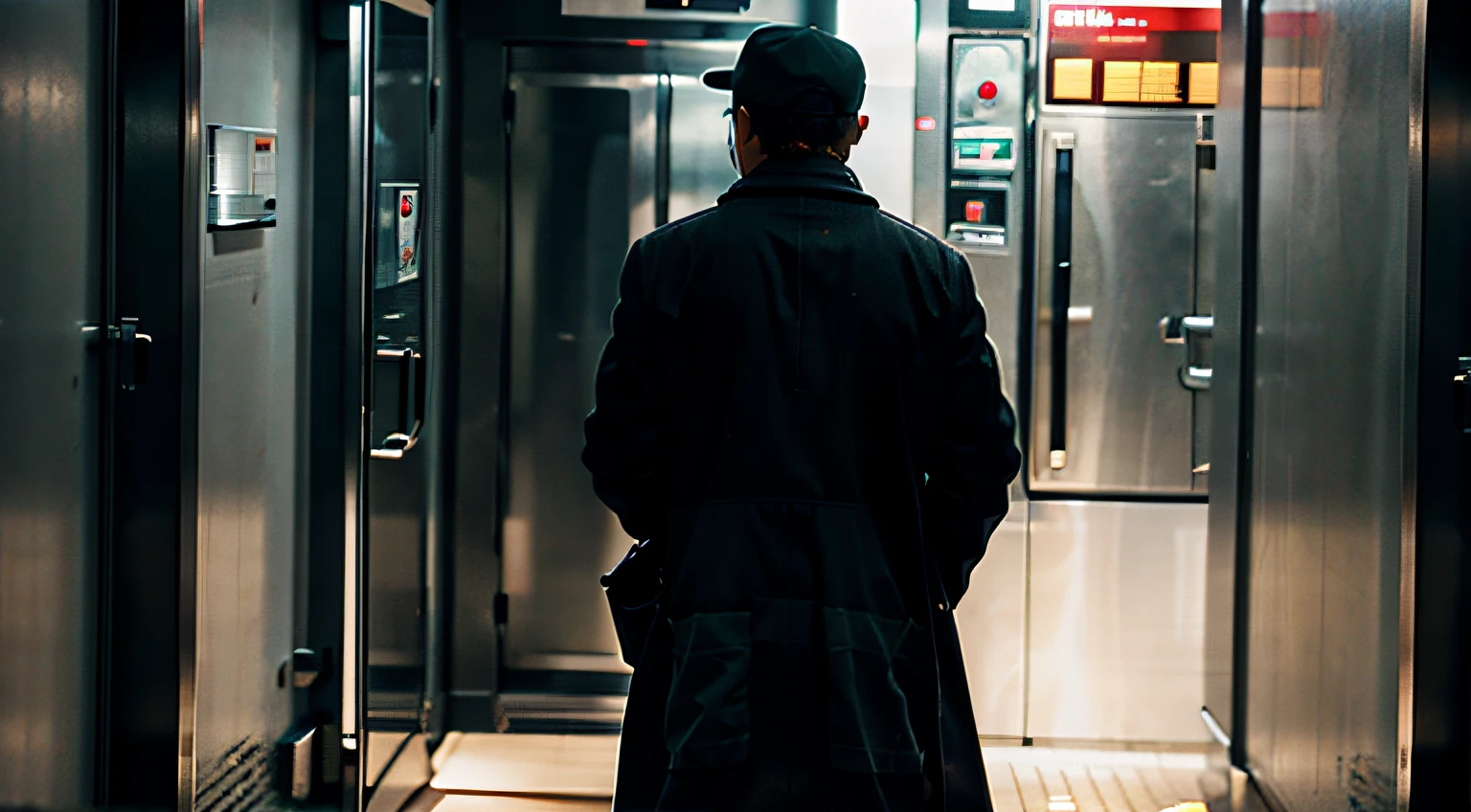 HOMEM ASSUSTADOR, WITH OVERCOAT AND HAT COMING OUT OF AN ELEVATOR