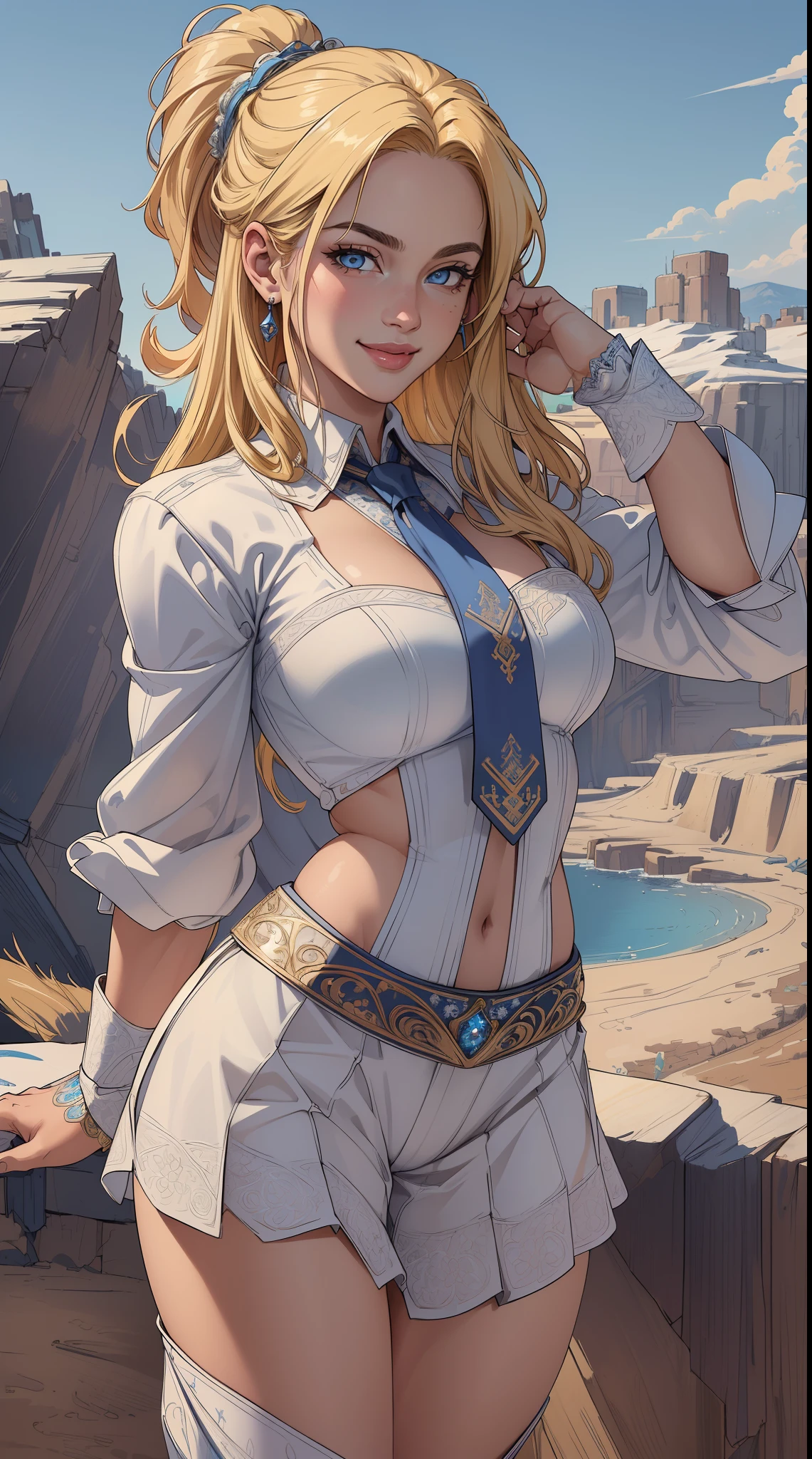 (masterpiece:1.2),(best quality), (ultra detailed), (8k, 4k, intricate),(halft body:1.2),(cowboy:1.2),(highly detailed:1.2),(detailed face:1.2), (detailed background),(portrait),detailed landscape, (dynamic pose:1.2),enome,1girl, solo, long hair, looking at viewer, smile, blue eyes, blonde hair, upper body, necktie
