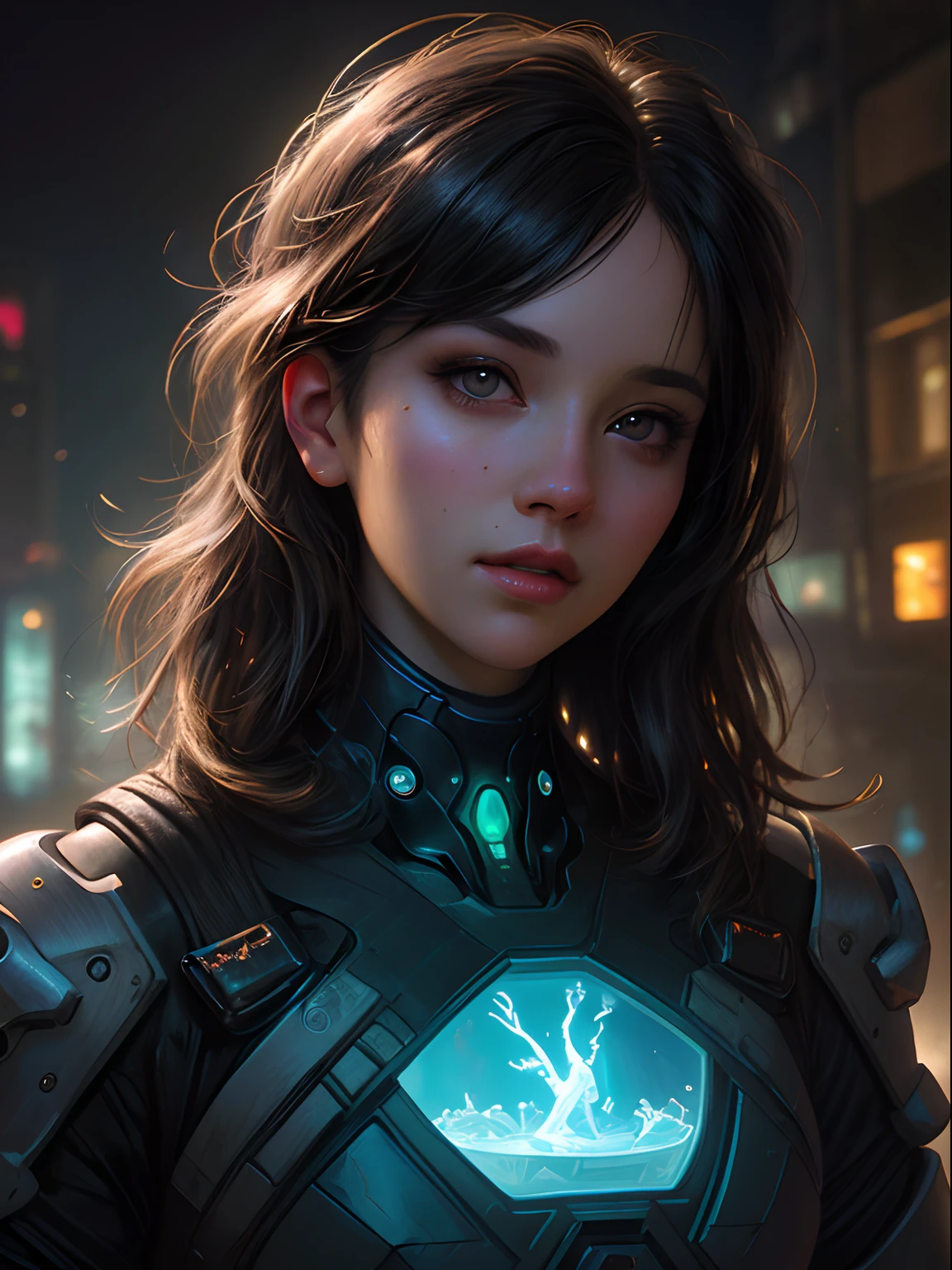 Stunning photorealistic portrait oil painting of 1 beautiful cyberpunk girl, white skin, black shapeless cyberpunk hair, baroque intricate cyber armor, solo, hyperdetailed painting, luminism, Bar lighting, complex, white eyebrows, 4k resolution concept art portrait by Greg Rutkowski, Artgerm, WLOP, Alphonse Mucha, realistic fantasy, fractal isometrics details bioluminescence, beautiful awesome, intricately detailed, cinematic, trending on artstation | Isometric | Centered hypereallistic cover photo awesome full color, dark, gritty, realistic, Alphonse Mucha, Gustav Klimt