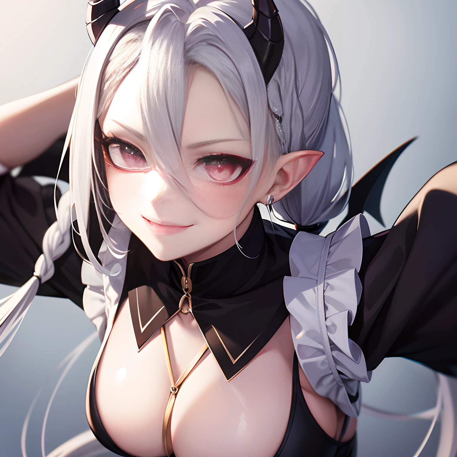 braided ponytail, silver hair, hairpin, devil pupils, pointy ears, seductive smile, anime style, drop shadow, projected inset, first-person view, best quality, highres, award winning