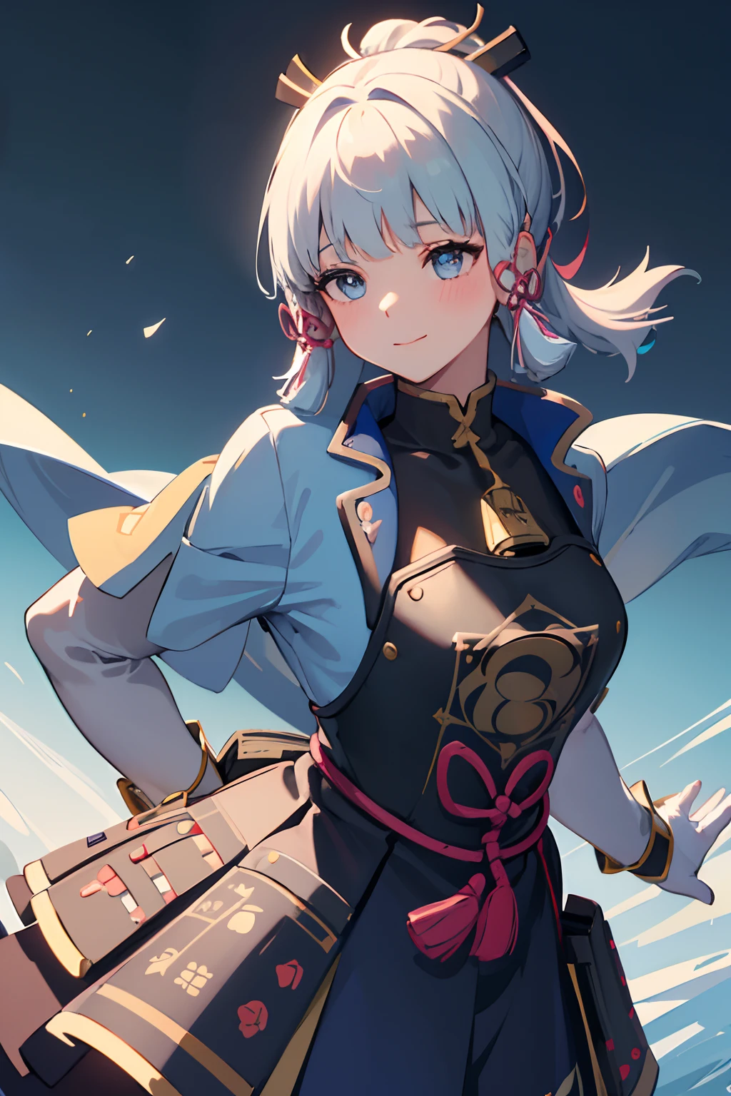 (((masterpiece))), 4k res, highly detailed, (((extremely detailed eyes))), detailed background, cinematic lighting, crystal clear eyes, high quality, highres, ultra-detailed, 8k, best quality, 1girl, solo, shadow, backlighting, light particles, Thick Eyelashes, Wide Sleeve, thick thighs, (masterpiece:1.3), (the best quality:1.2), (super fine illustrations:1.2), (Masterpiece), high quality, high detail,(SOLO:1.4),((round image)), whole body, 1girl, kamisato ayaka, smile, blush, closed mouth, cryokinesis, black gloves, thick, arms behind back, hands on hips, hands on own chest, village