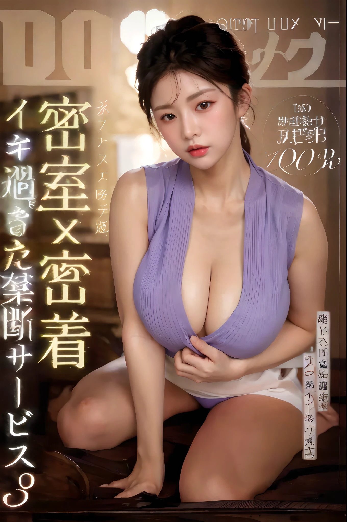(masterpiece:1.3), (High resolution:1.1), Detailed beautiful face, Detailed beautiful, (huge breasts, gigantic breasts:1.4,  a woman in a purple top is posing for a magazine, oppai, sakimichan, 奈良美智, sexy-s 100, reluvy5213, with a large breasts, big breasts!!, けもの, [32k hd]^10, big bust