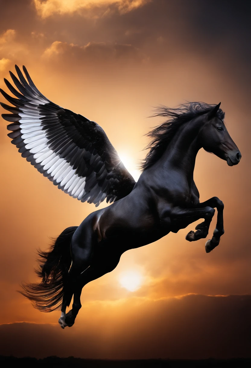 Pegasus negro, preto, asas brancas, with white spot on the head, olhos claros brilhantes, flying in sky, cores muito brilhantes, light particles, com luz brilhante, Mshiv, Arte do papel de parede, Papel de parede UHD imagem hd