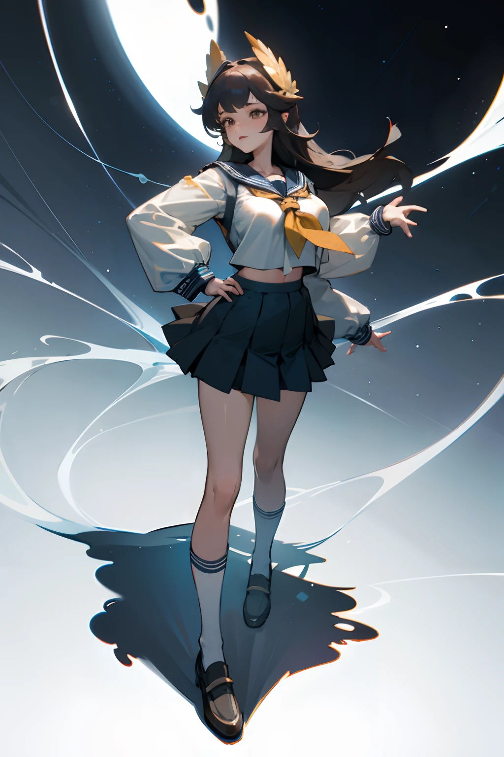 Bigboobs，cropped shoulders，knee length socks，pleatedskirt，a sailor suit，Stand up，standing straight，white backgrounid