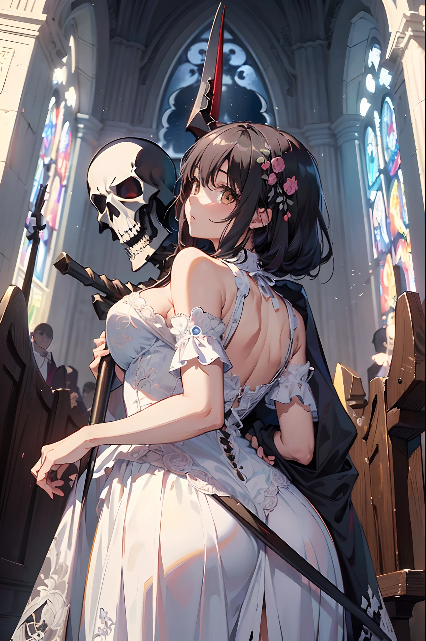 (​master piece:1.4),(hyper quality:1.2),(Hyper Detailed:1.4),(Perfect drawing),3D Photography,16K illustrations,clearface,(Hi-Res),She wears a beautiful dress that only a person with a pure heart can see,(((Grim Reaper))),Hugging a beautiful woman,(((Deathscythe))),Tattered robes.(((Moonlight))),(Beautiful dress、Beautiful lace、Beautiful frills、Beautiful embroidery、beautiful fabric、Beautifully decorated、a gorgeous、illustrious)、Deities々Right、nice background,(((chies))),((beatiful backgrounds)),Detailed drawing,Fantastic、emotional、