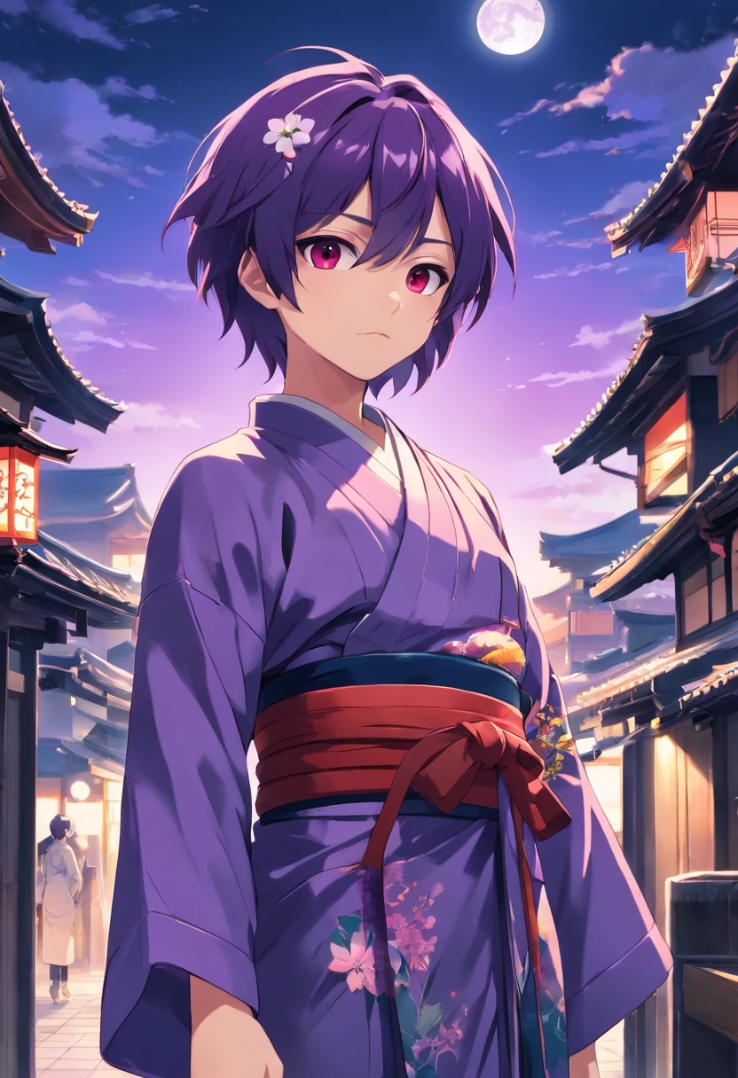young boy, Disheveled purple hair, grey skin, dark gray whites of the eyes, red-eyes, fangs, purple vertical stripes on the face, Gray kimono, Obi's Black Belt, Red flowers in hands, the night, Japanese architecture, full moon, claws