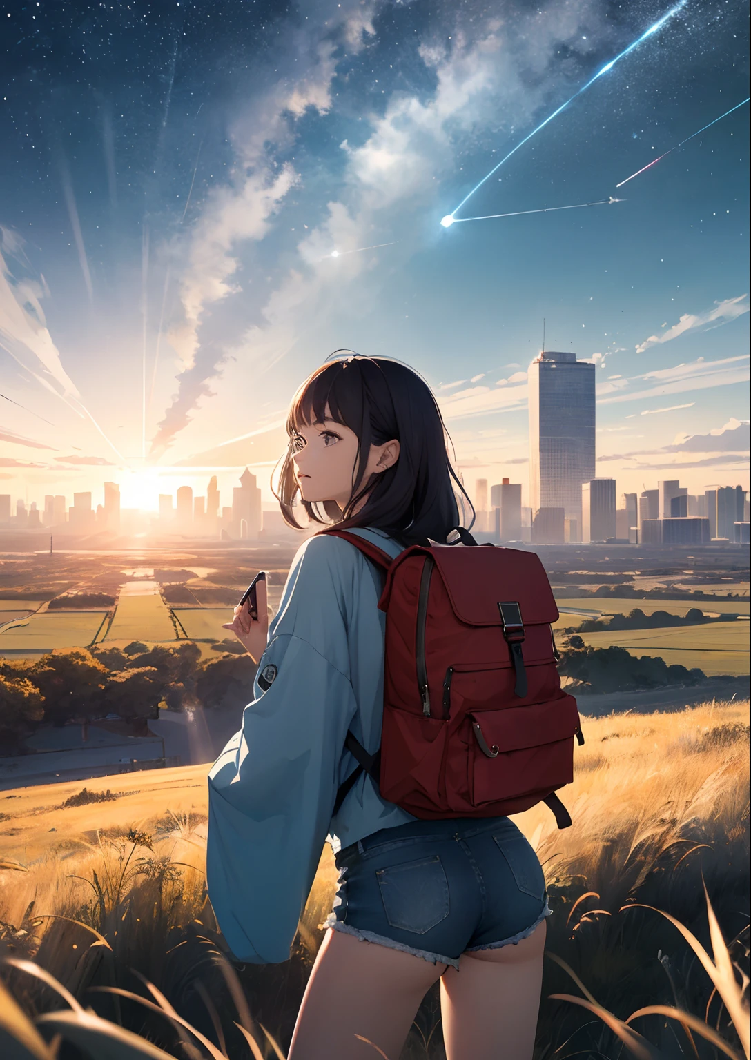 A woman with a backpack looking at the sky with a city in the ...