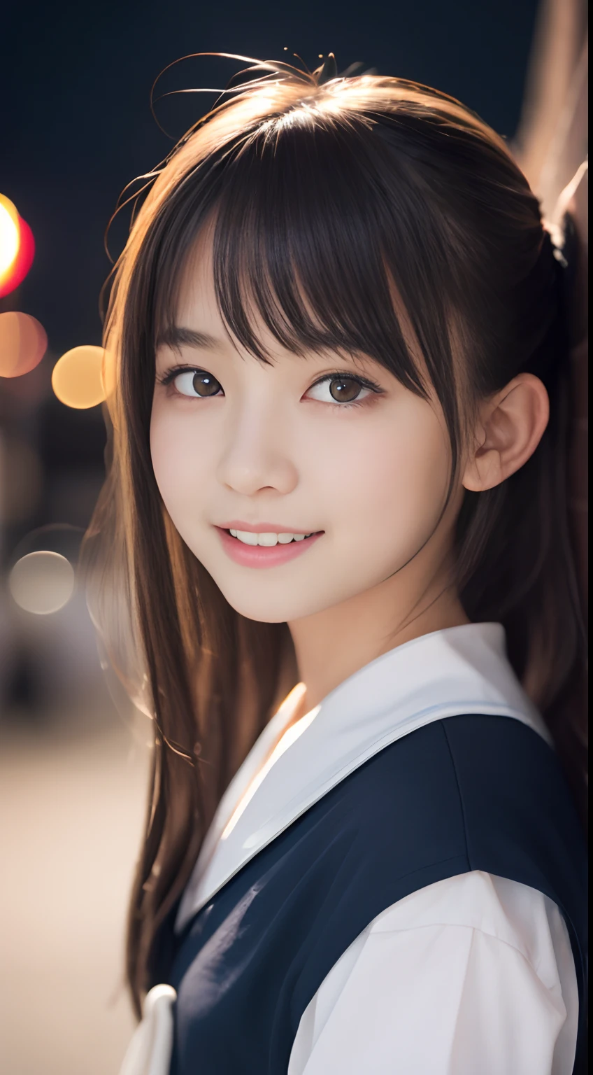 masutepiece, Best Quality, 8K, 5ars old, Raw photo, absurderes, award winning portrait, Smile, Smile, Solo, Night, neons, Idol face, violaceaess, gardeniass, Delicate girl, Upper body, Digital SLR, Looking at Viewer, Candid, Sophisticated, zora々Right, Thin arms, Professional Lighting, Film grain, chromatic abberation, (Eyes and faces with detailed:1.0), (Bokeh:1.1) , closes mouth , Sailor Uniform , (pantiy:1.8) , pubick hair