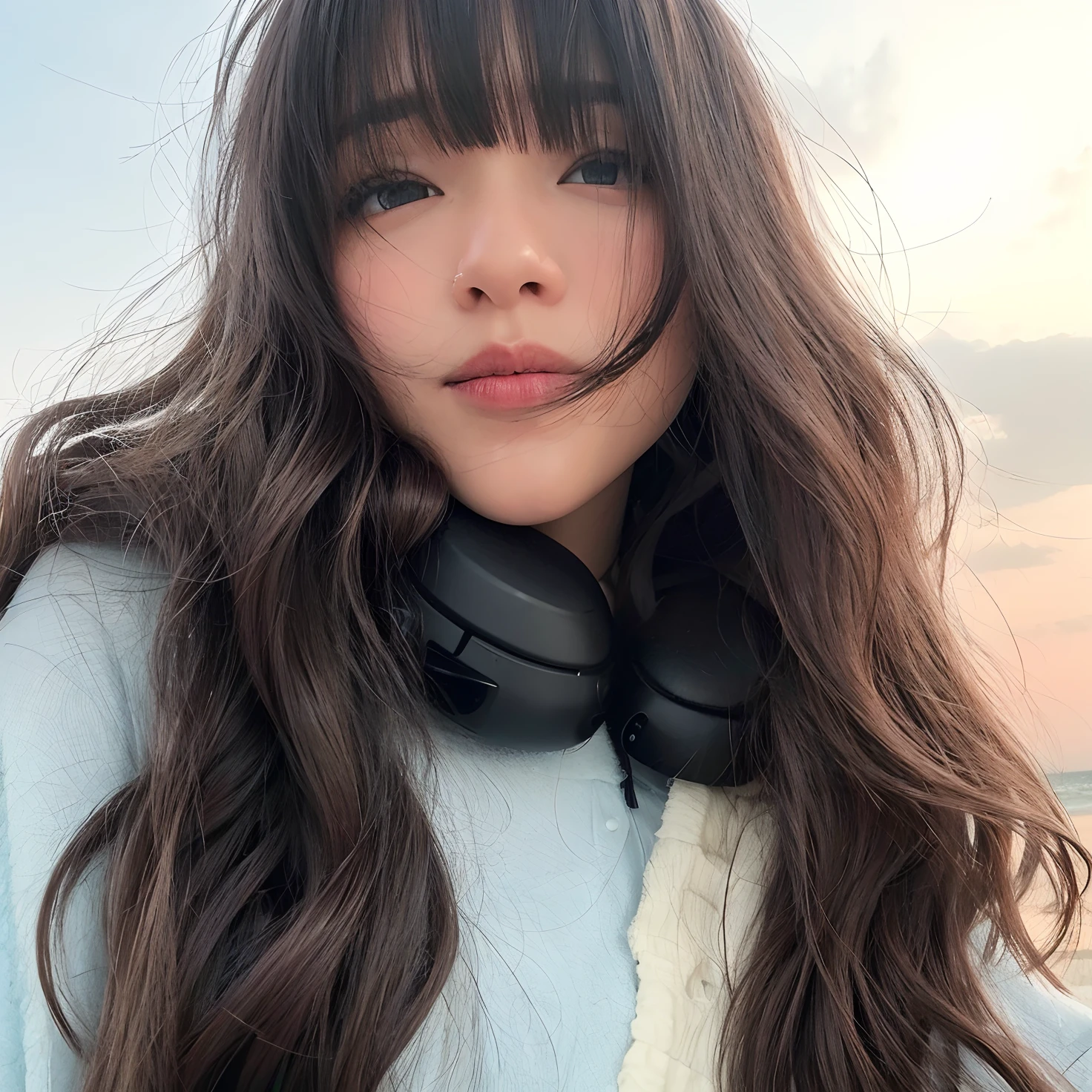 Arafed woman with headphones standing on a beach, com franja, cabelo arrumado com franja, com franja completa, cabelos longos com franja, cabelo comprido com franja completa, franja de cortina, franja fofa, Ela tem cabelo preto com franja, Chiho, Ruan Vtuber Fofo, cabelo longo castanho com franja, com cabelos longos, Lalisa Manobal