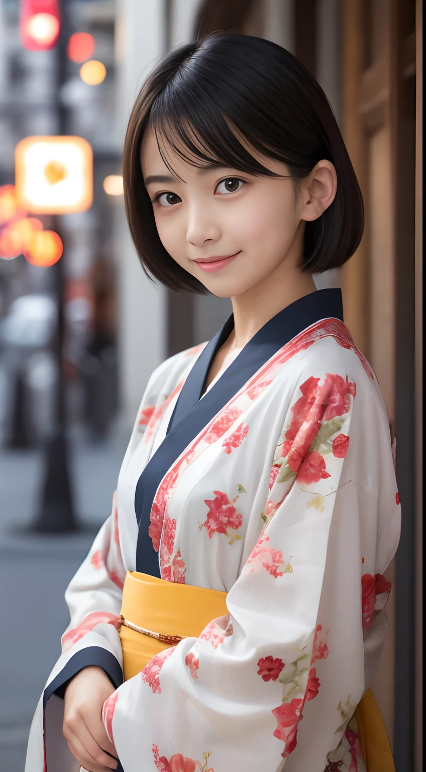 masutepiece, Best Quality, 8K, 8ars old, Raw photo, absurderes, award winning portrait, Smile, Smile, Solo, Night, neons, Idol face, violaceaess, gardeniass, Delicate girl, Upper body, Digital SLR, Looking at Viewer, Candid, Sophisticated, zora々Right, Thin arms, Professional Lighting, Film grain, chromatic abberation, (Eyes and faces with detailed:1.0), (Bokeh:1.1) , Ninja kimono , Shoulder out