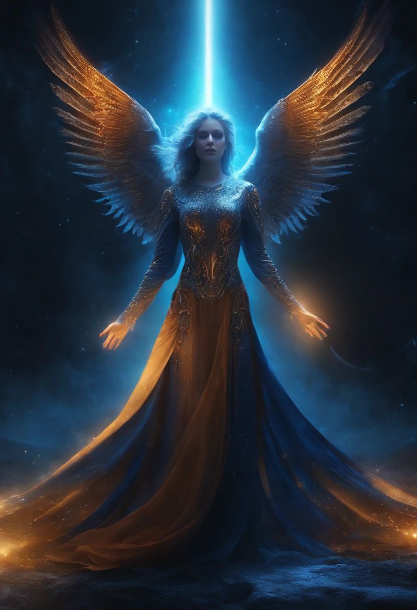 Cosmic Fallen Angel, glowing light eyes, Biomechanical, eerie, Creepy, nightmarish, Very bright colors, Light particles, with light glowing, Mshiff, wallpaper art, UHD wallpaper blue 💙