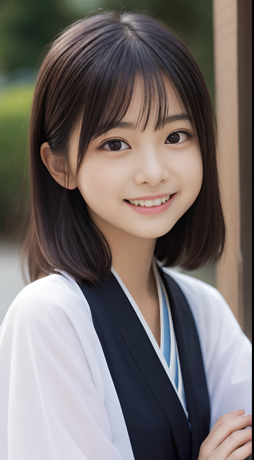masutepiece, Best Quality, 8K, 8years old, Raw photo, absurderes, award winning portrait, Smile, Smile, Solo, Night, neons, Idol face, violaceaess, gardeniass, Delicate girl, Upper body, Digital SLR, Looking at Viewer, Candid, Sophisticated, zora々Right, Thin arms, Professional Lighting, Film grain, chromatic abberation, (Eyes and faces with detailed:1.0), (Bokeh:1.1) , Ninja kimono