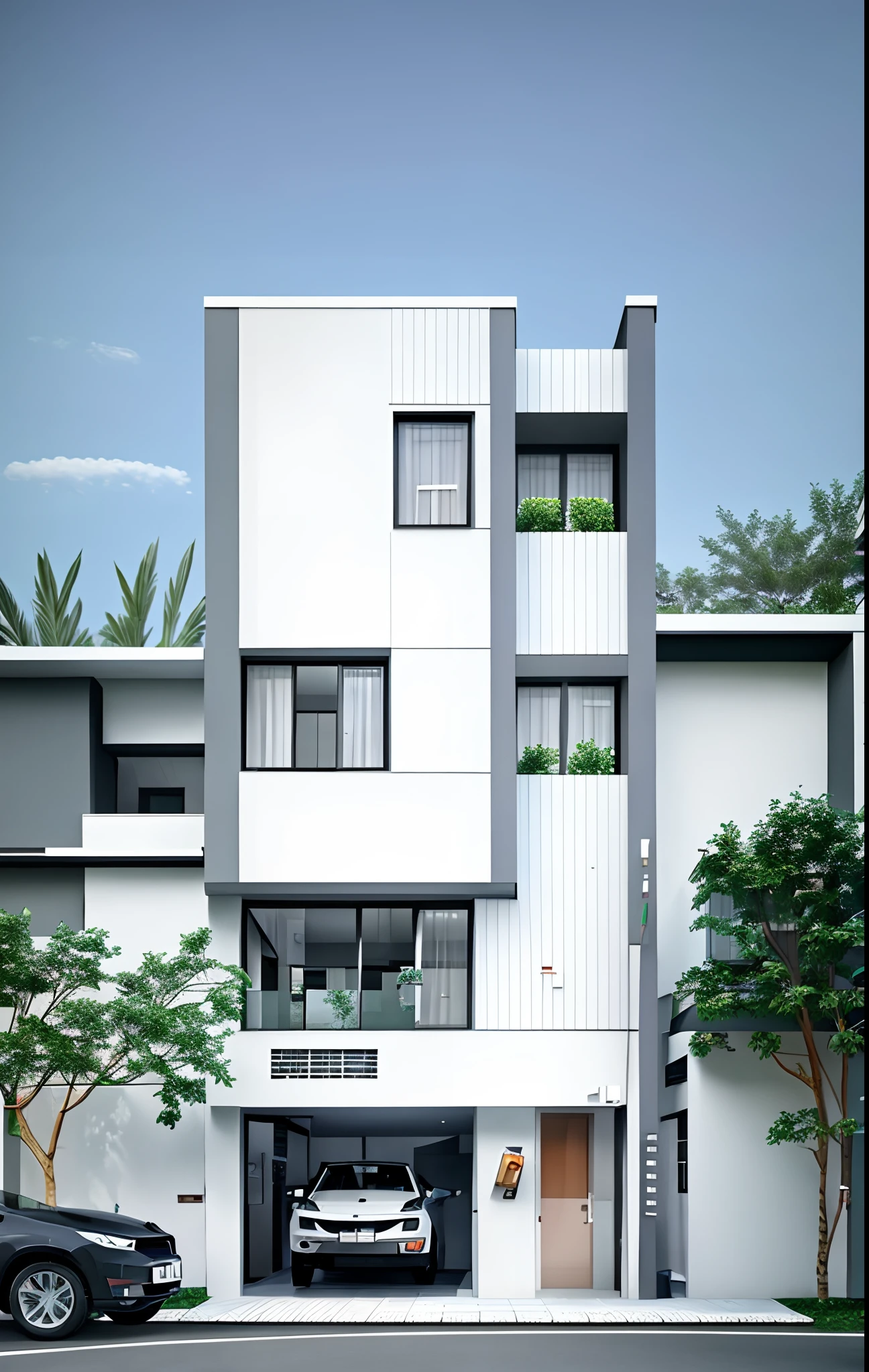 a rendering of a modern apartment building with a car parked in front, precise architectural rendering, architectural render, high quality rendering, architectural 3 d render, architectural rendering, professional render, overall architectural design, wide angle exterior 2022, all white render, freddy mamani silvestre facade, inter dimensional villa, exterior design, detailed rendering, architecture render, quality rendering