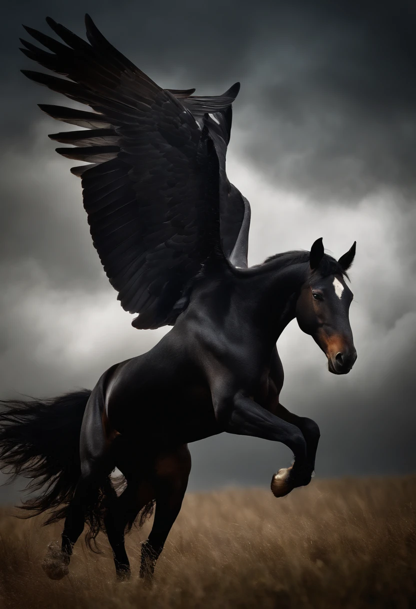 Black Pegasus, portanto, asas brancas, with white spot on the head, olhos claros brilhantes, flying in sky, cores muito brilhantes, light particles, com luz brilhante, Mshiv, Arte do papel de parede, Papel de parede UHD imagem hd
