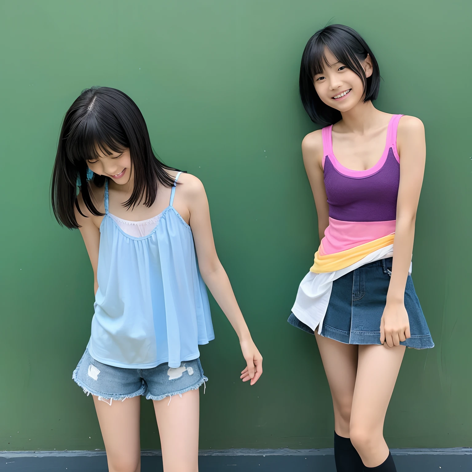 Two 10-year-old, Japanese elementary school girls, 110 cm tall and small titsed, (Flat chest), are walking to school and (((Walking to school with a randoseru))), wearing Baby blue micro mini high cut skirt, Baby blue micro mini high cut tank tops, ((The fabric is thin so it's see-through)), ((navel-baring)), (The fabric is so thin that the shape of my nipples is clearly visible), (The fabric is so thin that you can clearly see the shape of my vagina through my panties),
