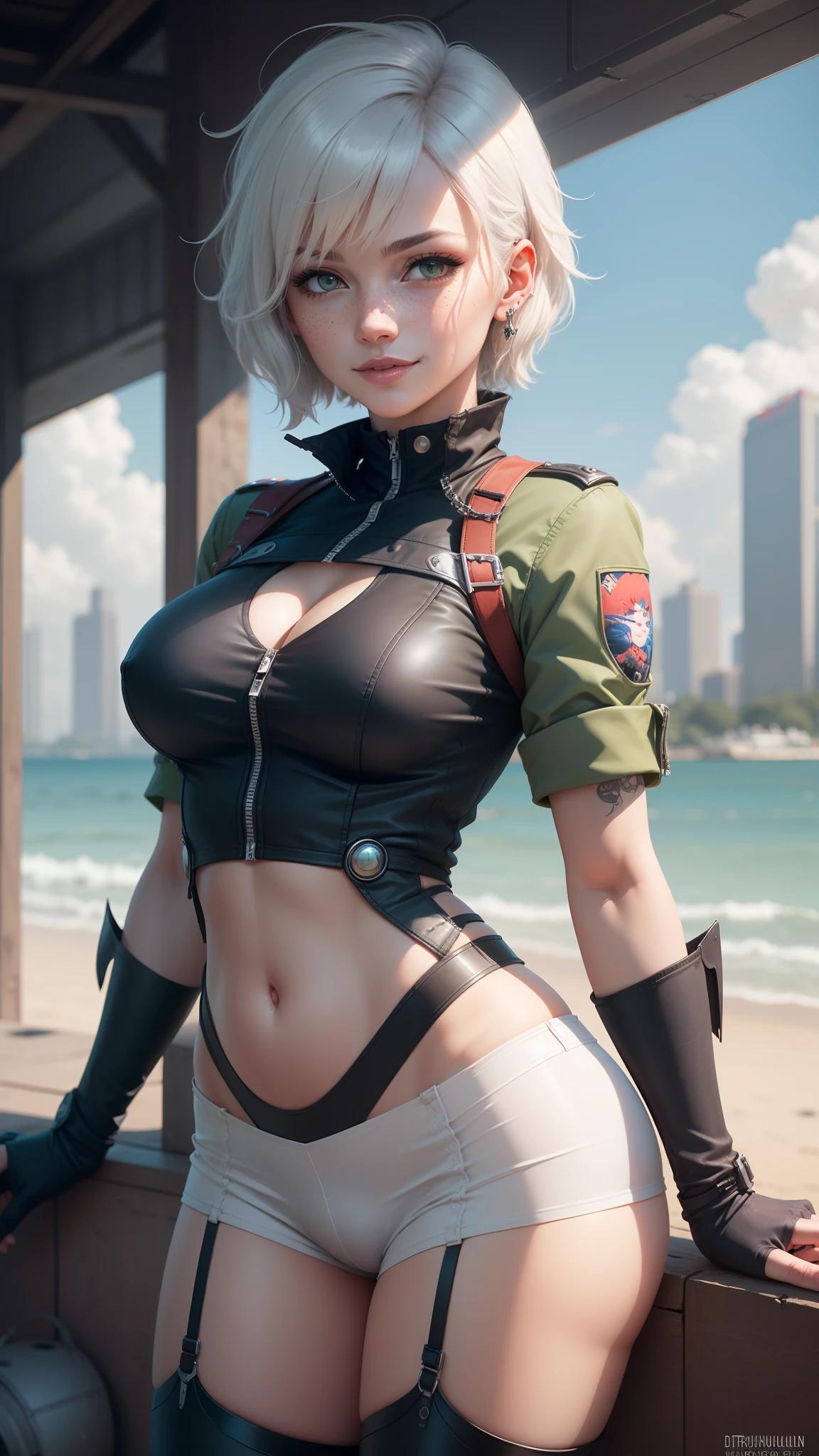 gwen tennyson,y'shtola rhul,yorha 2b, tracer,nier automata,overwatch,close up,mecha pilot,ocean view,tattoos,blue and red plugsuit,white short sleeve lycra top,steel lycra micro shorts,steel garter belt,uncovered belly,short hair, cute makeup,green eyes,dimensional silver hair,shy smile,freckles,beautiful girl,large breasts,8k hd,ultra detailed, realistic,fantasy art,wonder,steel armor,city harbor,pilot uniform,ear piercings,hair pin,saiyan girl,super saiyan female,short sleeve pilot jacket,thigh high boots,wet shirt,