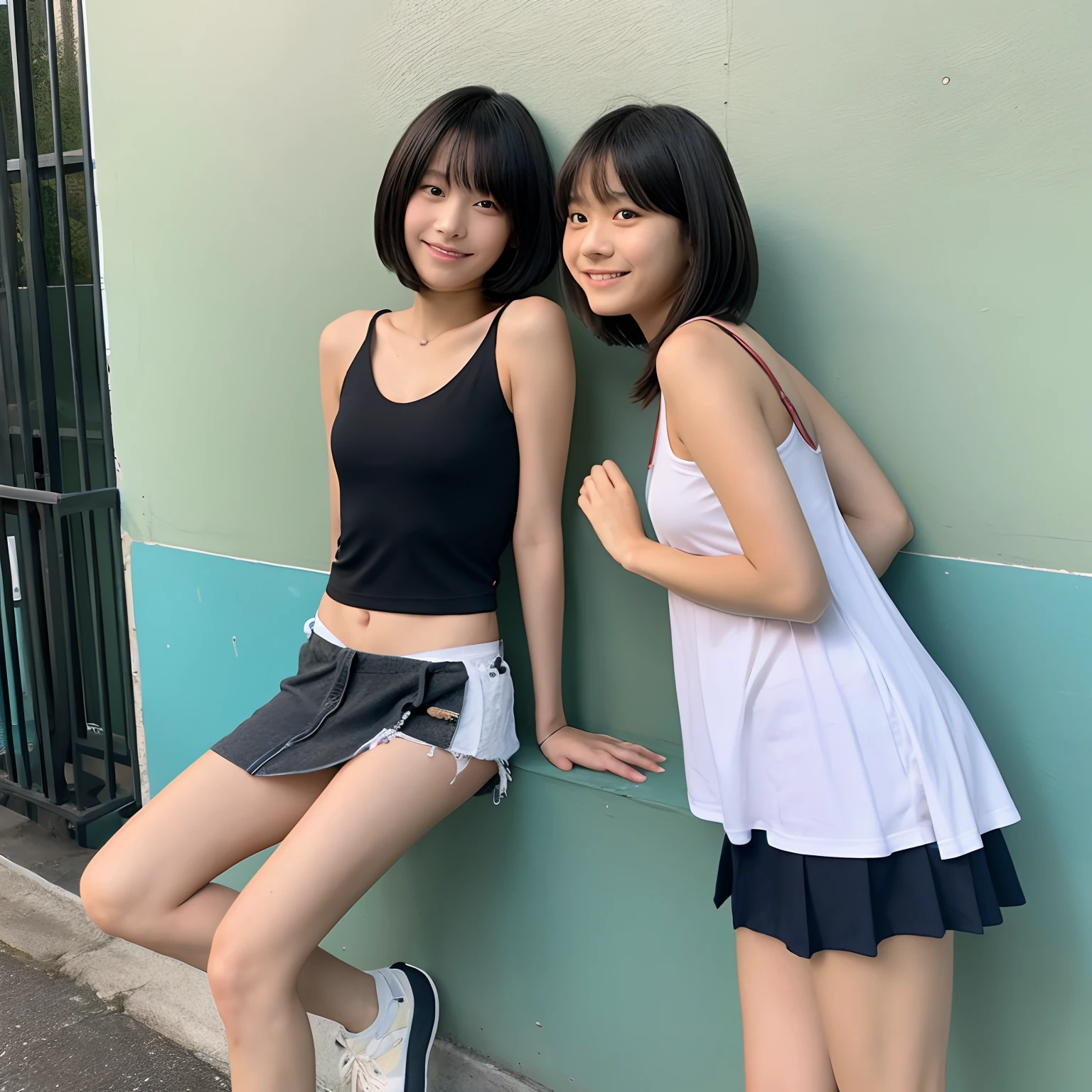 Asian cute girl, 8 years old, a little ???, with T-shirt and short skirt, big breasts, baby face, tiny ???, tiny body, short arms, short legs, bending forward, exposing her cleavage, solo, smile