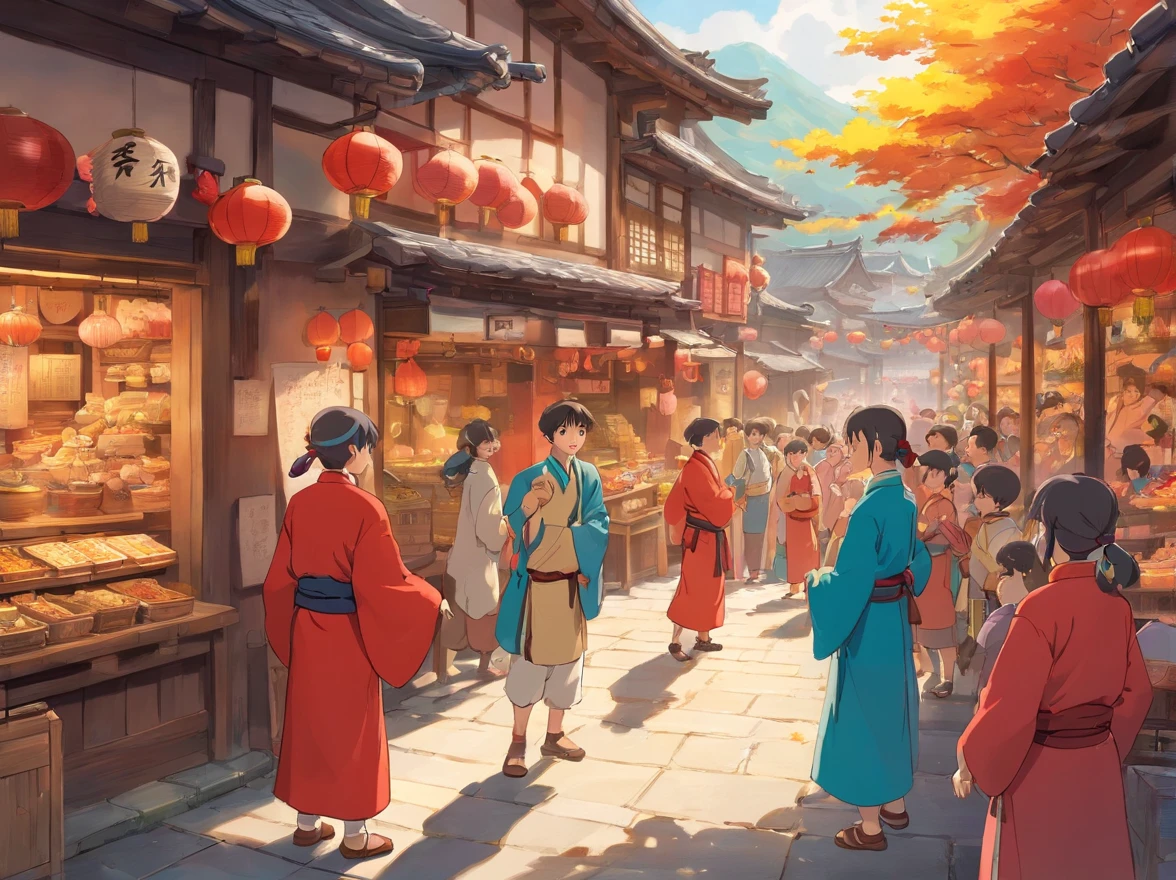 Village shop、Busy、prosperous、Large number of people、A lot of people lined up、shop(The picture shows that the village stipulates that only adult Zhuang men can participate in the competition。Red Zhuang clothes 15 year old boy talking to adult)