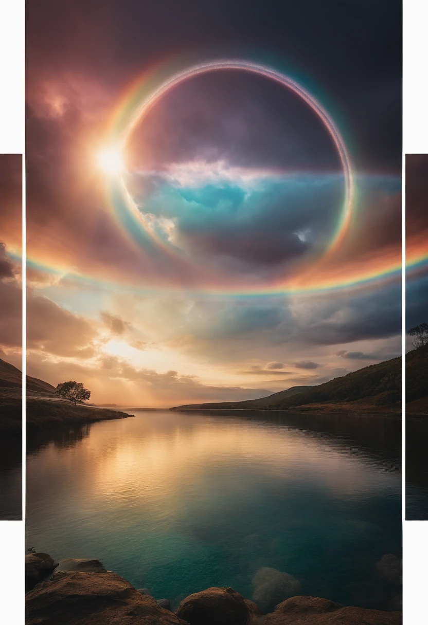 Close up of iridescent circle in the sky. The scene features a rainbow resembling air.、Full of iridescent clouds. This is such a colorful haven. Clouds are iridescent、Illuminated by the holy halo. The scene has、Also included are clear iridescent galaxies and stormy seas. I see a rainbow in the sky, Surrounded by synchrotron halos. The scene has、There are also ethereal rainbow nimbass and bright rainbow ninbus, As well as prism halo. A space that shines in rainbow colors, Illuminated by the light of heaven. This is、One of the most beautiful images ever created.