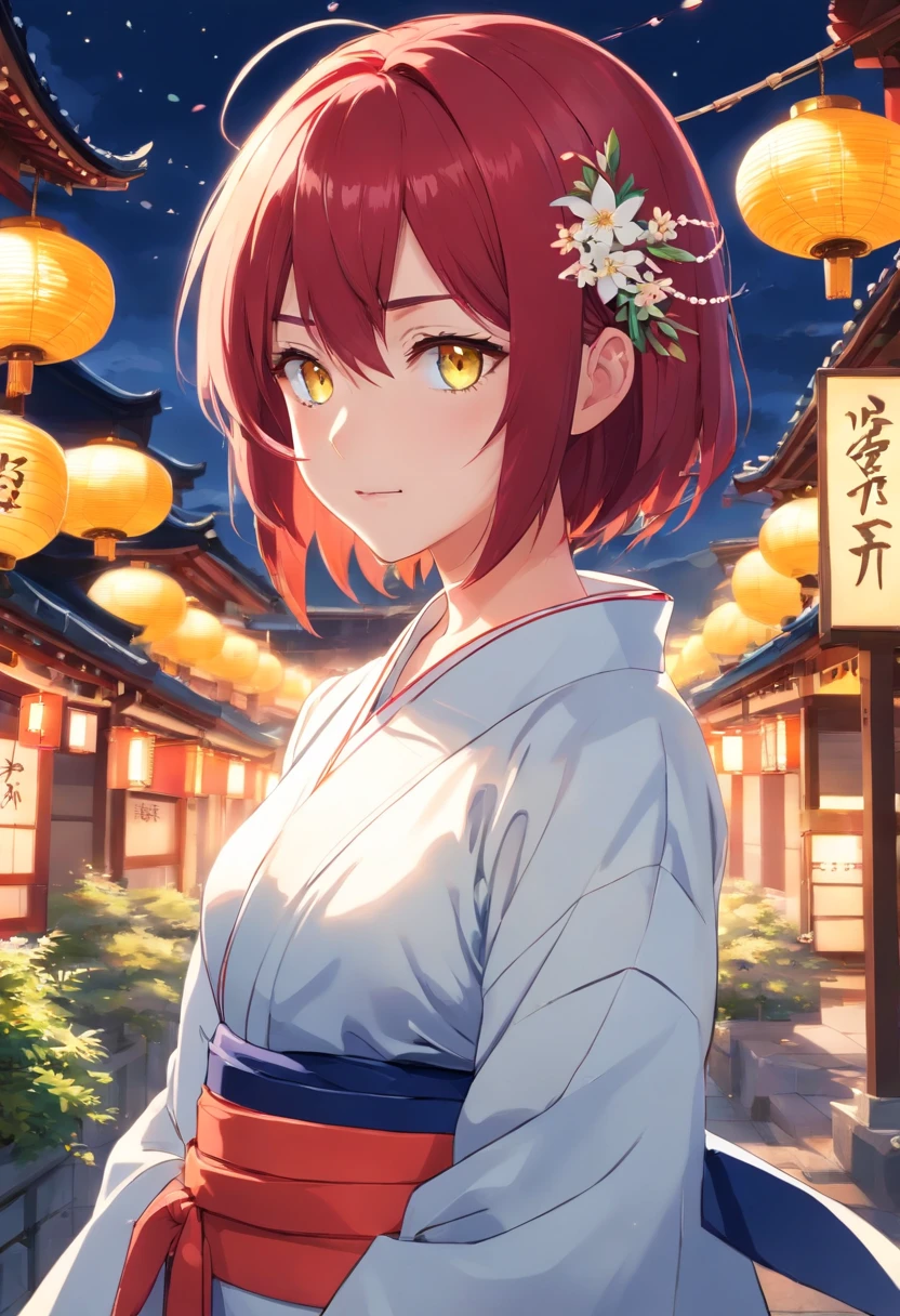 teenaged, youth, short crimson hair, blue skin, claws, fangs, Yellow eyes, smirk, white kimono, Japanese-style jewelry, beads, bangles, Headband in hair, Red flowers in hands, the night, Japanese Palace, Full Rune, sharp ears