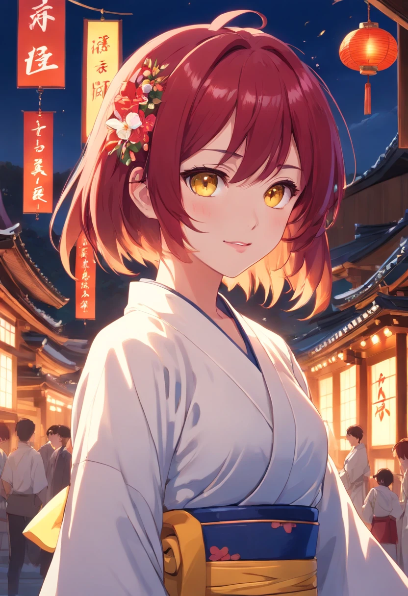 teenaged, youth, short crimson hair, blue skin, claws, fangs, Yellow eyes, smirk, white kimono, Japanese-style jewelry, beads, bangles, Headband in hair, Red flowers in hands, the night, Japanese Palace, Full Rune, sharp ears