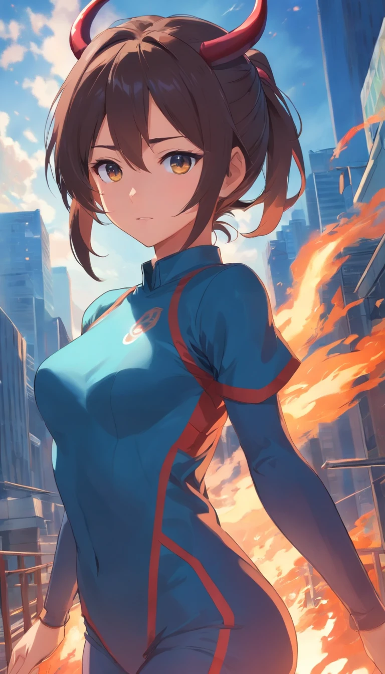 best qualtiy, tmasterpiece, 超高分辨率, realisticlying,1 female,Black high ponytail,(Demon suit),hell fire,An arrogant sexy face,Devil's Eye,full body pov,wide angles
