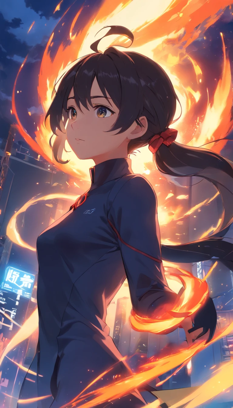 best qualtiy， tmasterpiece， 超高分辨率， realisticlying，1 female，Black high ponytail，（Demon suit），hell fire，An arrogant sexy face，Devil's Eye，full body pov，wide angles