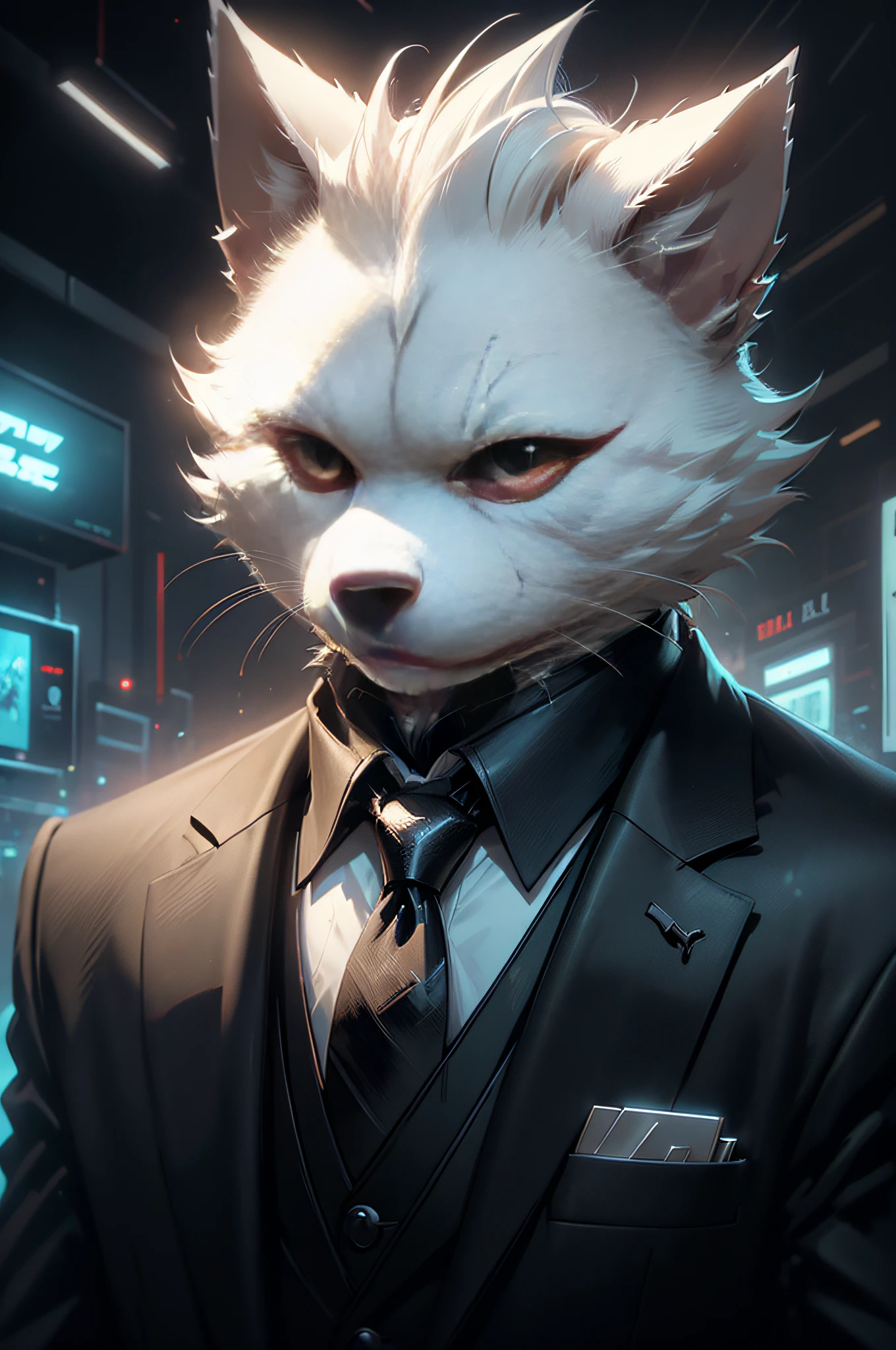 (Man in black suit and tie)comic strip、Anthropomorphic white terrier dog、cyberpunked