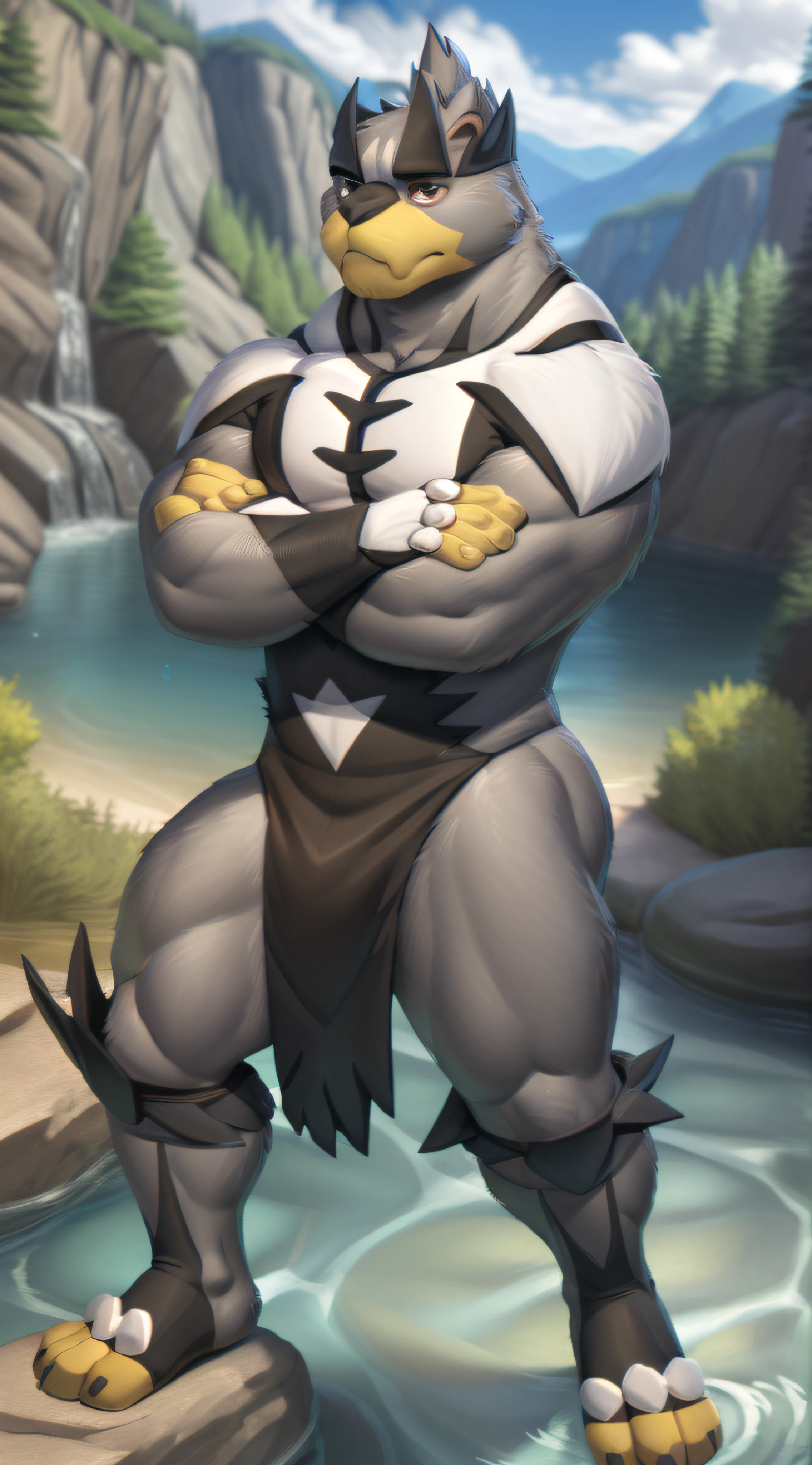 urshifu, muscular male, bara, solo, (pose:1.3), (posing:1.3), (soft shading), 4k, hi res, five fingers, detailed hands, ((detailed face, (detailed eyes:1.3), detailed)), (full body), by zackarry911, by zaush, (by personalami:0.5), from behind, river, partially underwater, ass, ass focus, crossed arms,