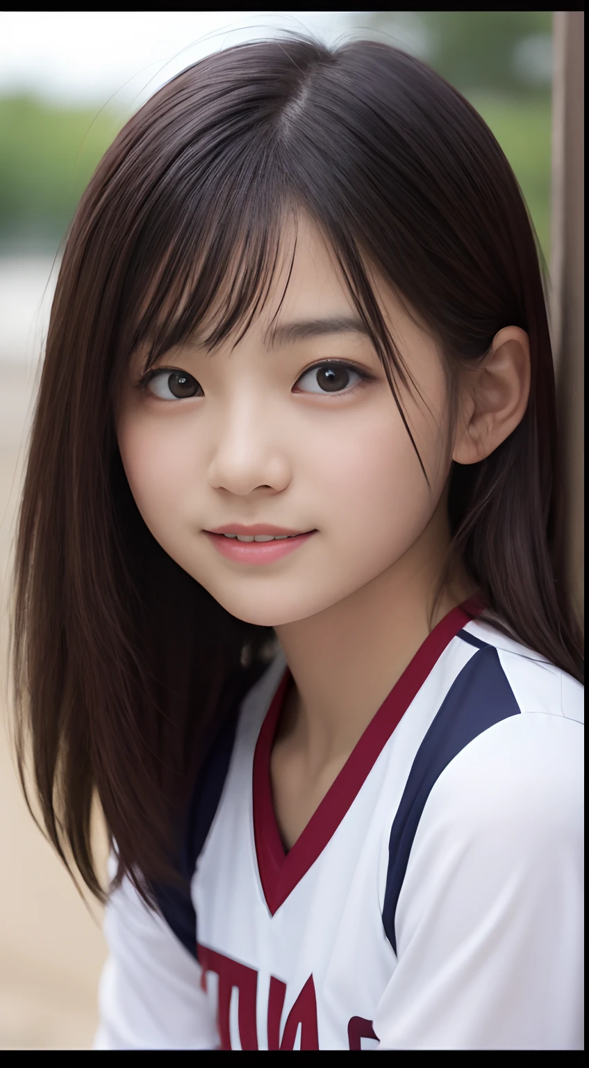 masutepiece, Best Quality, 8K, 5ars old, Raw photo, absurderes, award winning portrait, Smile, Smile, Solo, Night, neons, Idol face, violaceaess, gardeniass, Delicate girl, Upper body, Digital SLR, Looking at Viewer, Candid, Sophisticated, zora々Right, Thin arms, Professional Lighting, Film grain, chromatic abberation, (Eyes and faces with detailed:1.0), (Bokeh:1.1) , closes mouth , Volleyball Uniforms