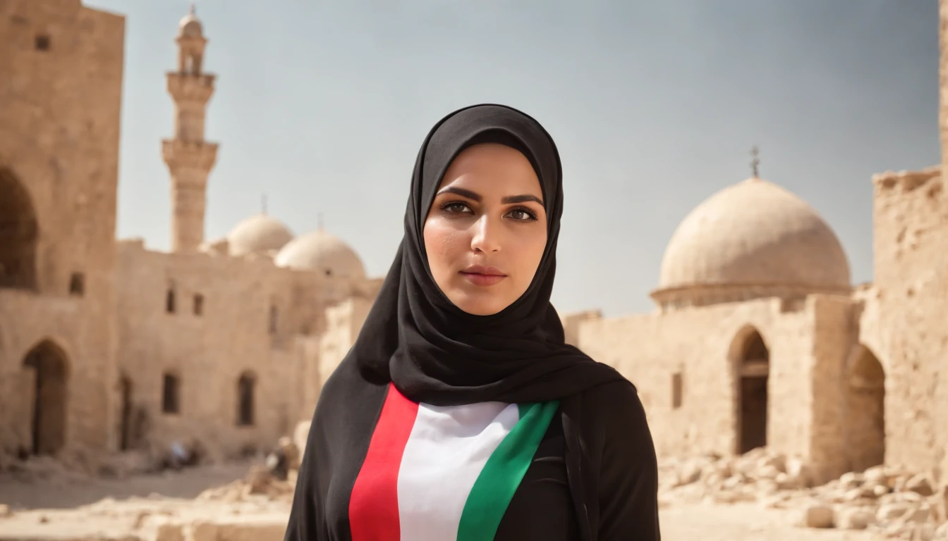 35 years old women half body wearing a hijab Palestine Flag shirt decorated with Palestinian flag ,explosion, divasting buildings. In middle of the street. Realistic photo accurate.