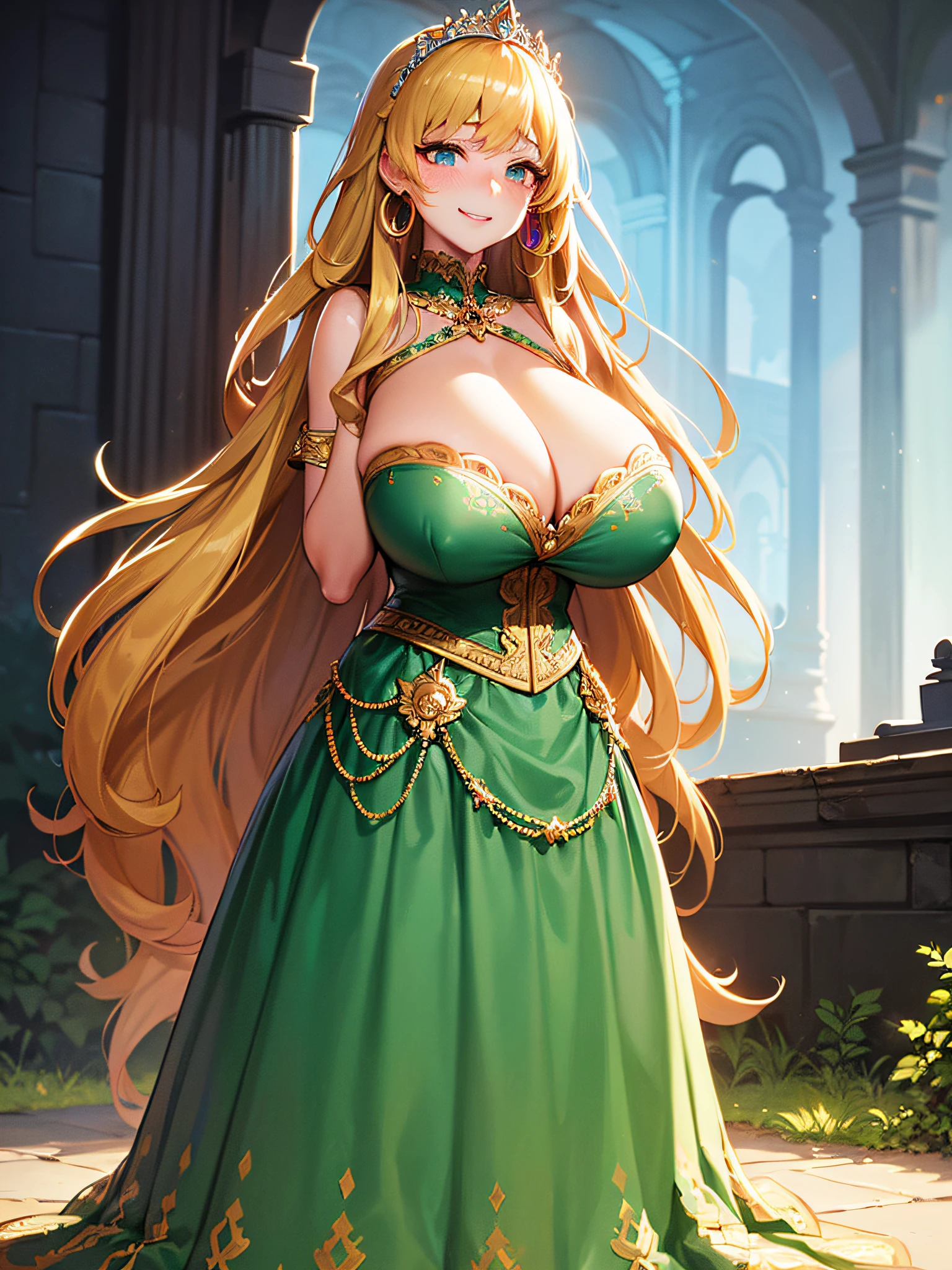 ((Anime Art Style)),(masutepiece),(Best Quality), (Super Detail),(Highly detailed CG Unity 8k wallpaper),((Very delicate and beautiful)),((Full body portrait)),((Stand in the garden)),((Solo)),(((One princess in gorgeous embroidery and jeweled very gorgeous Rococo princess ball gown with voluminous full-length hoop skirt ))),(((Crinoline Hoop Skirt))),Long Train,((Gorgeous embroidery and jewelry)),voluminous ruffles,(((very very gigantic boobs,Skindentation))),cleavage,((Very long straight hair,Very voluminous straight long hair,Very long straight hair)),(finely detailed face and eyes),((Seductive smile,embarrassed)),Beautiful eyes like jewels,Very gorgeous hair ornament,(A very gorgeous tiara adorned with bling-bling jewels),((Glitter Gorgeous Gemstone Jewelry)),Gorgeous Long Veil,(opera gloves),(Beautiful background),(Full body),((gorgeous embroidery and jeweled gorgeous Rococo princess ball gown with voluminous full-length hoop skirt))