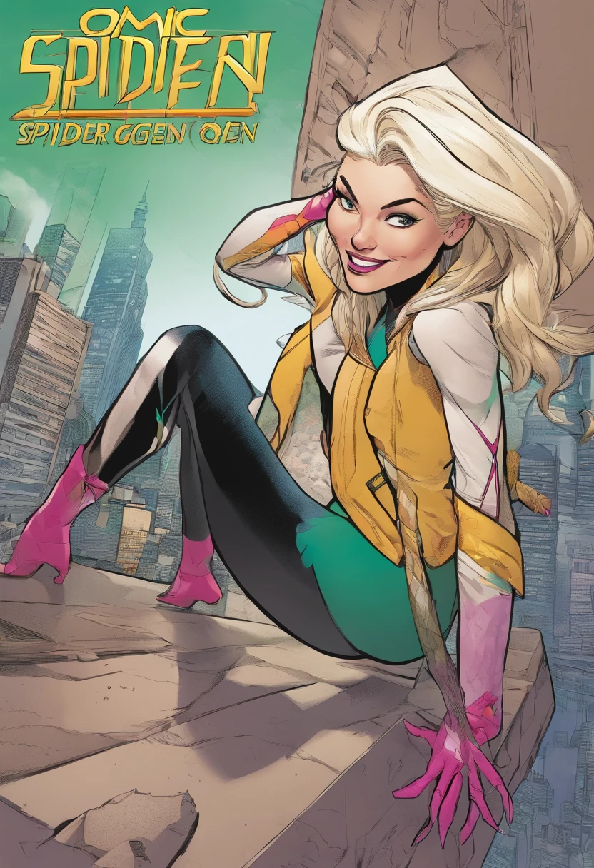 spider Gwen. Long Greying Blonde hair, green eyes. 40 years old. Aging Single mother. Wrinkles. Stressed out. Wearing her iconic costume. one handed on her hip. She looks like she feeling back pains. On roof top alone.
