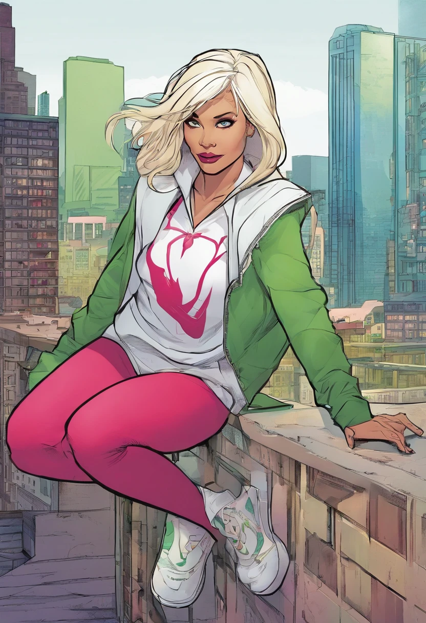 spider Gwen. Long Greying Blonde hair, green eyes. 40 years old. Aging Single mother. Wrinkles. Stressed out. Wearing her iconic costume. one handed on her hip. She looks like she feeling back pains. On roof top alone.